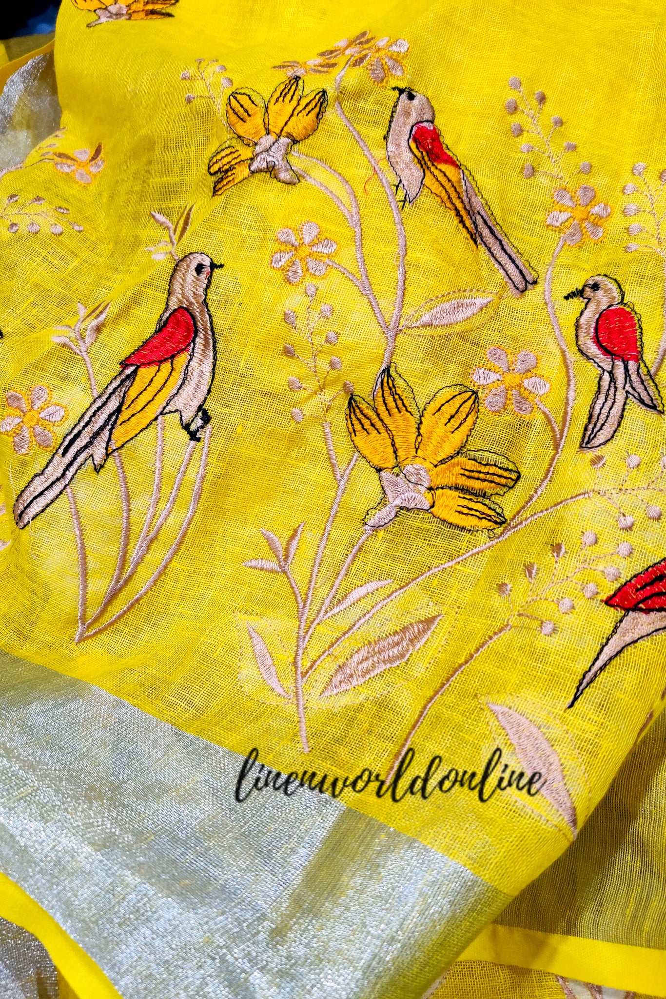 chidiya - embroidered pure linen saree - linenworldonline.in