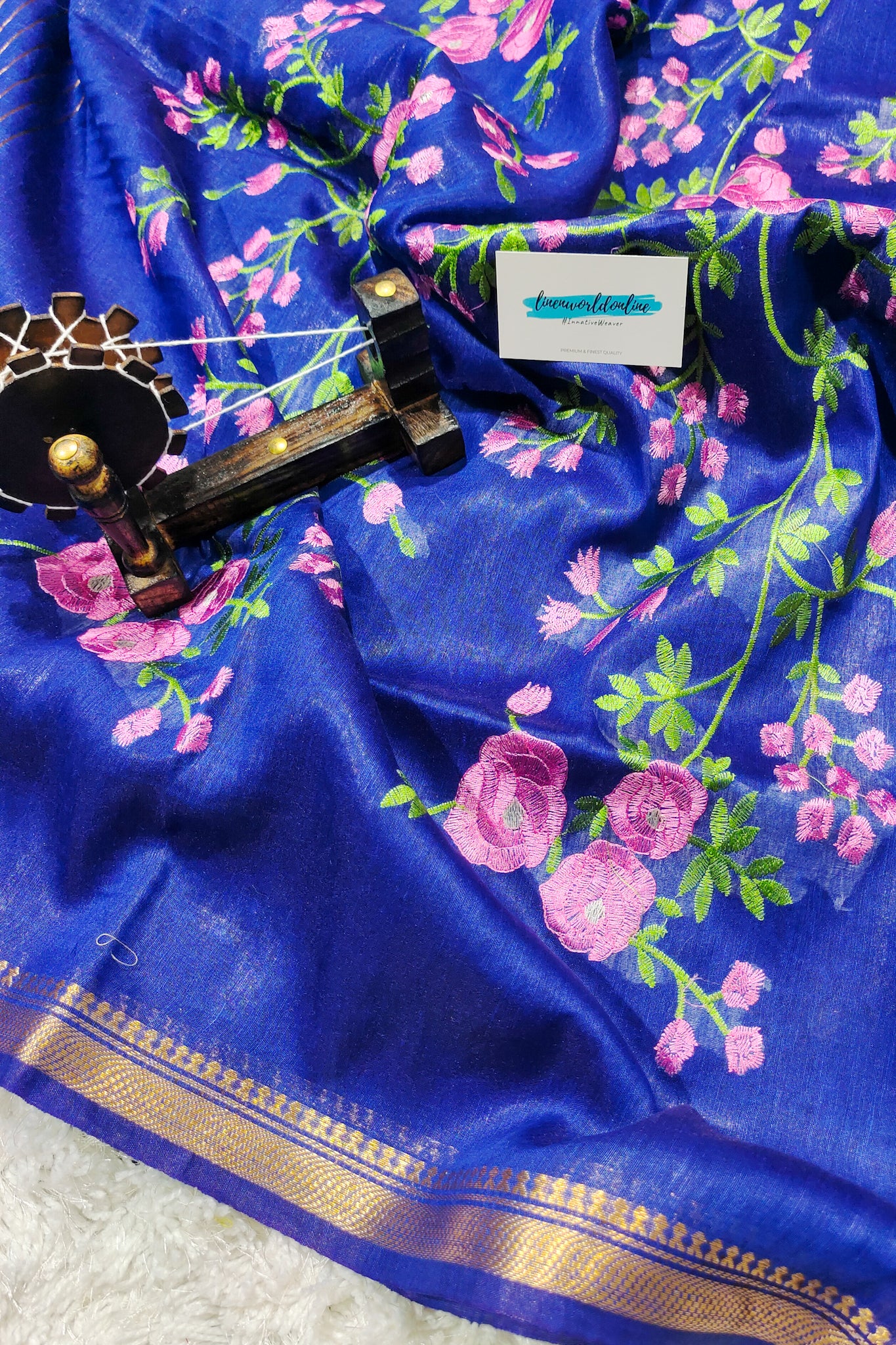 royal blue silk linen floral embroidered saree - linenworldonline.in