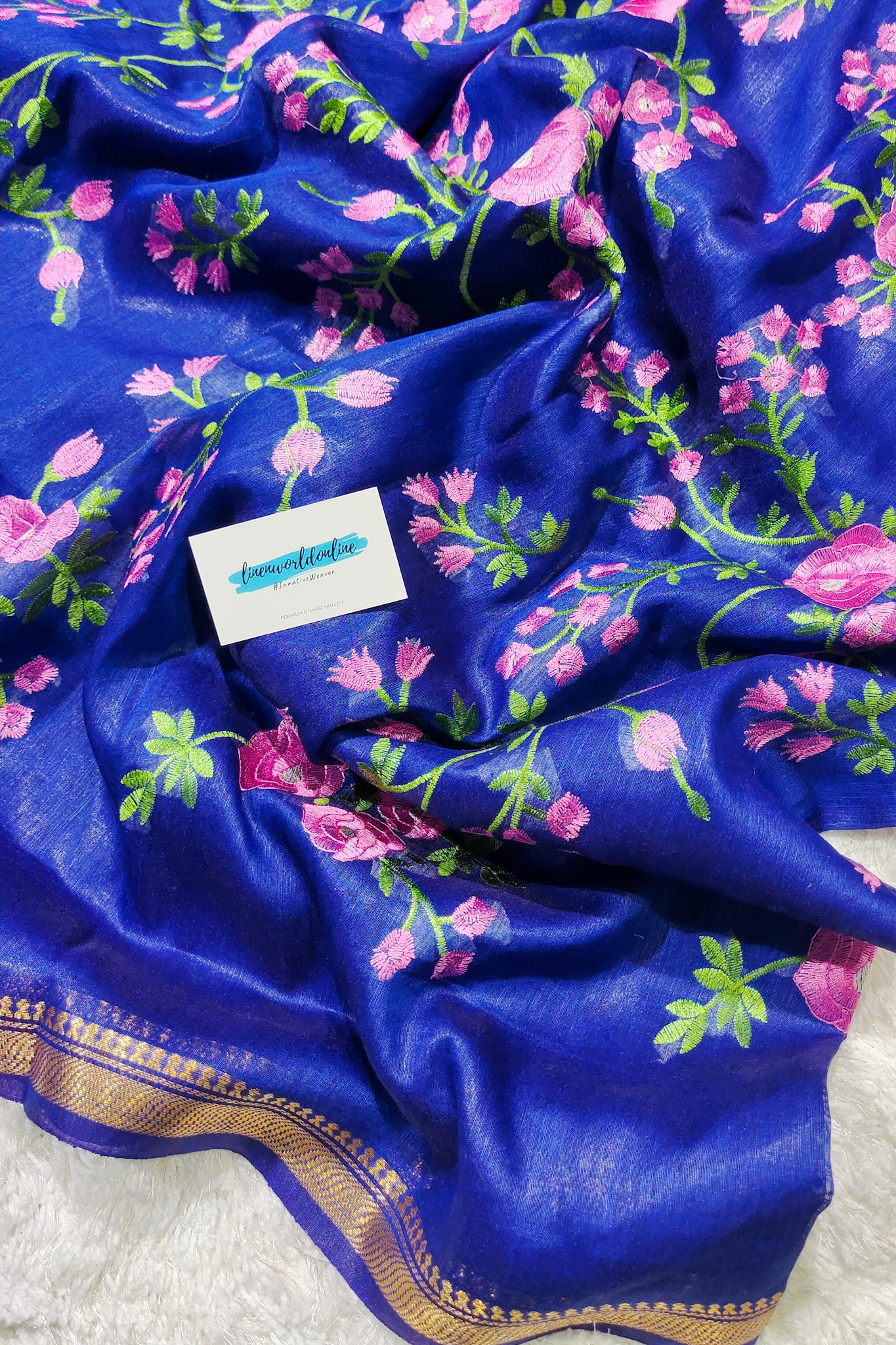 royal blue silk linen floral embroidered saree - linenworldonline.in