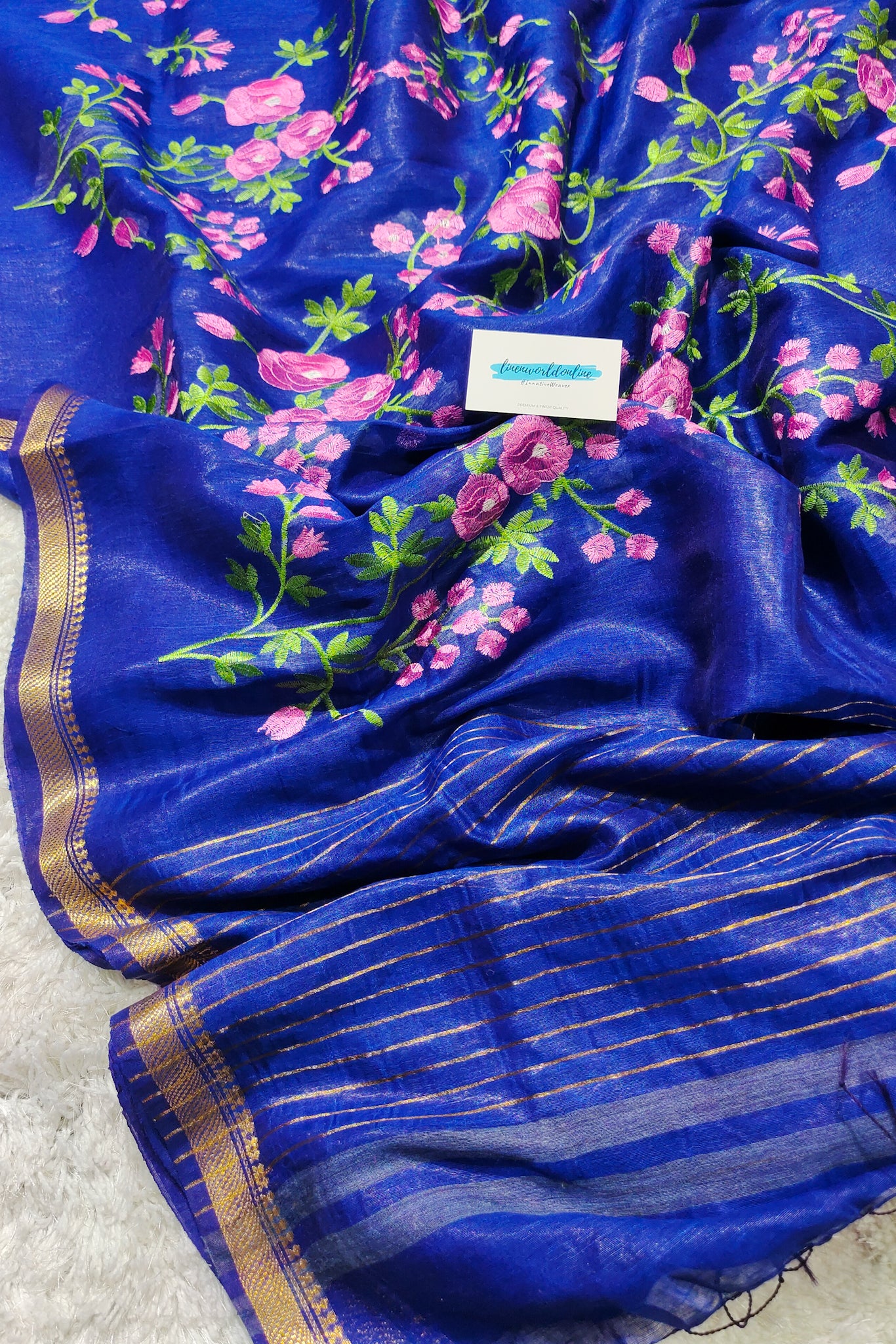 royal blue silk linen floral embroidered saree - linenworldonline.in