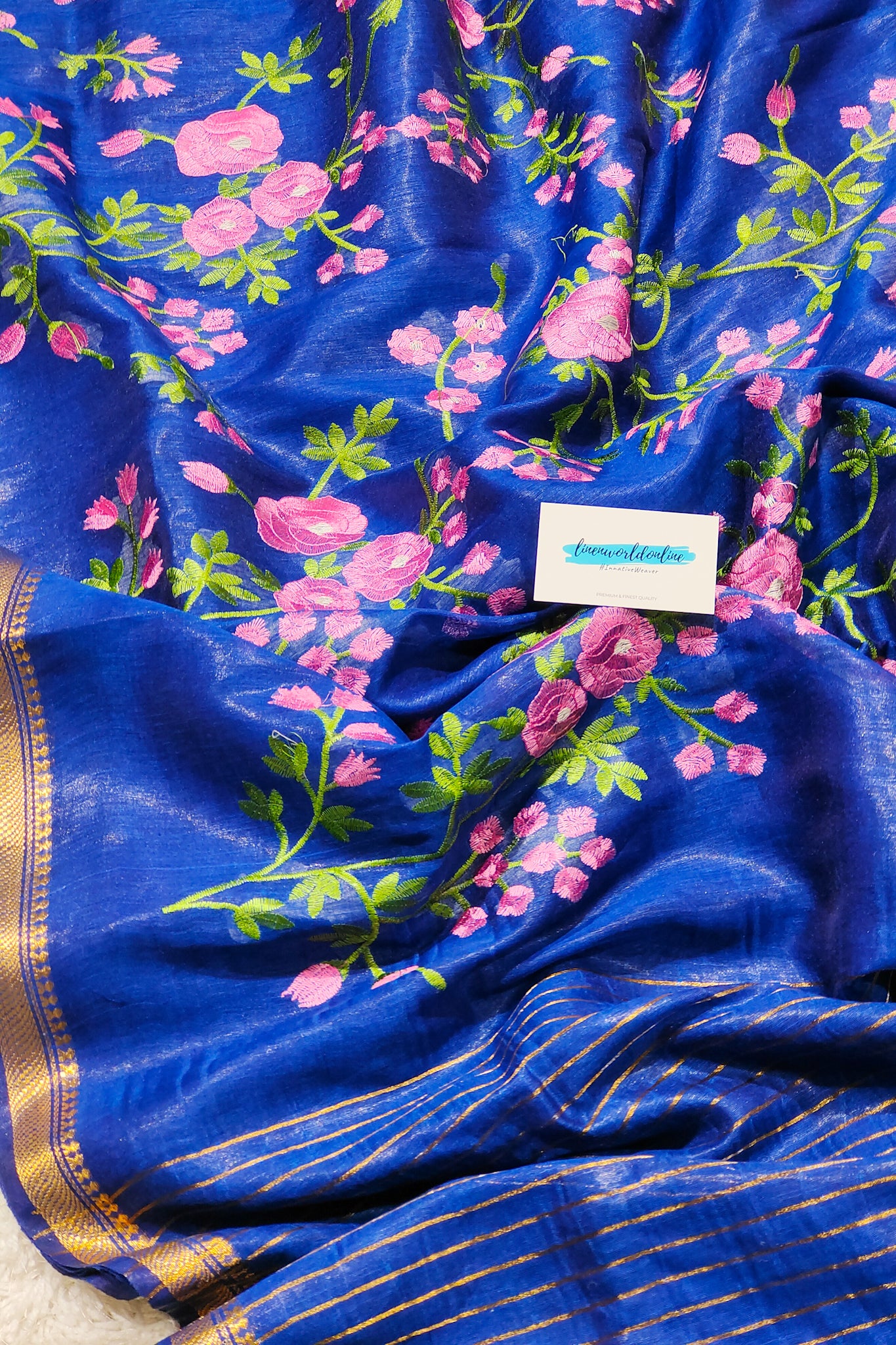 royal blue silk linen floral embroidered saree - linenworldonline.in