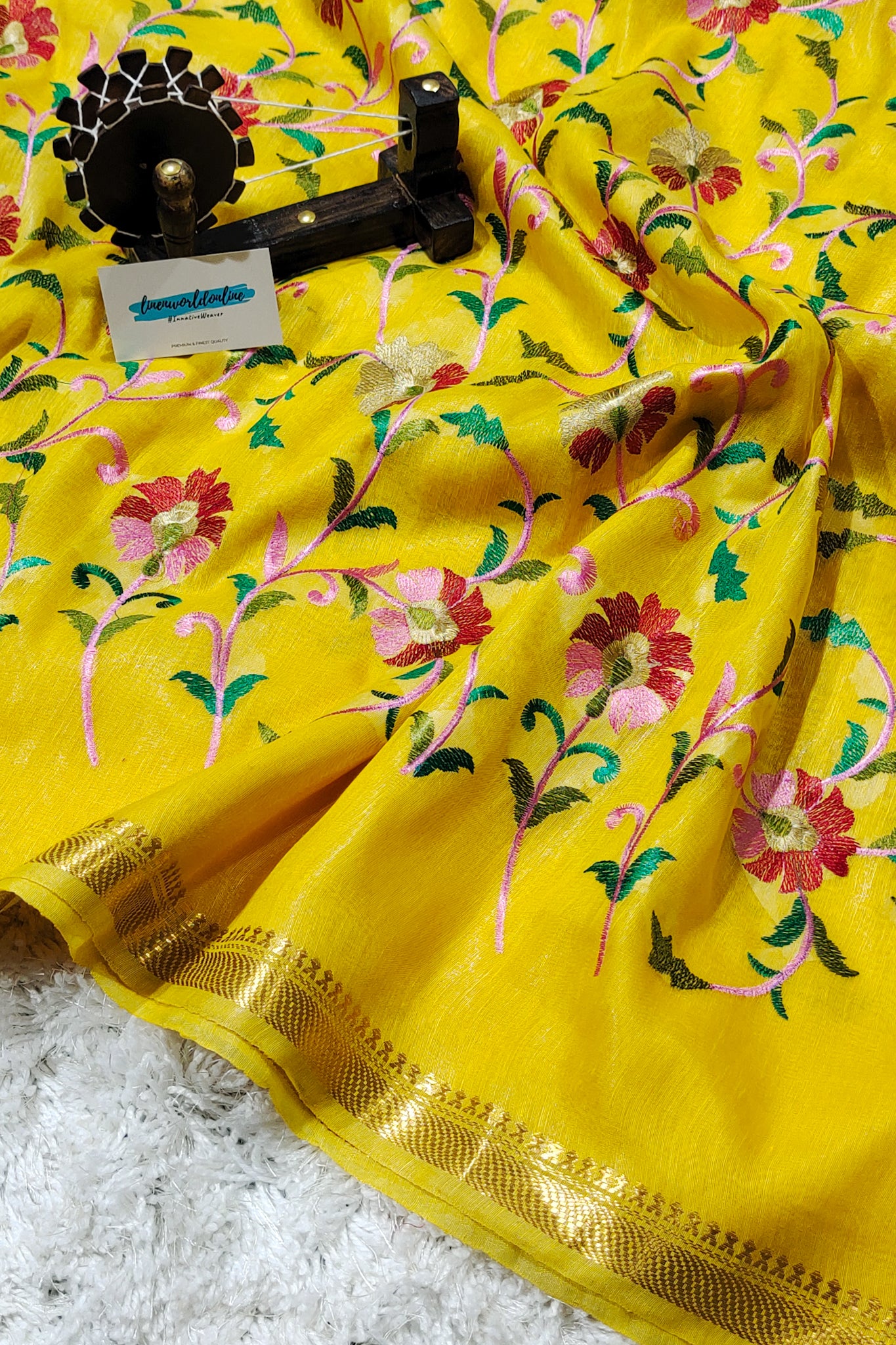 yellow silk linen floral embroidered saree - linenworldonline.in