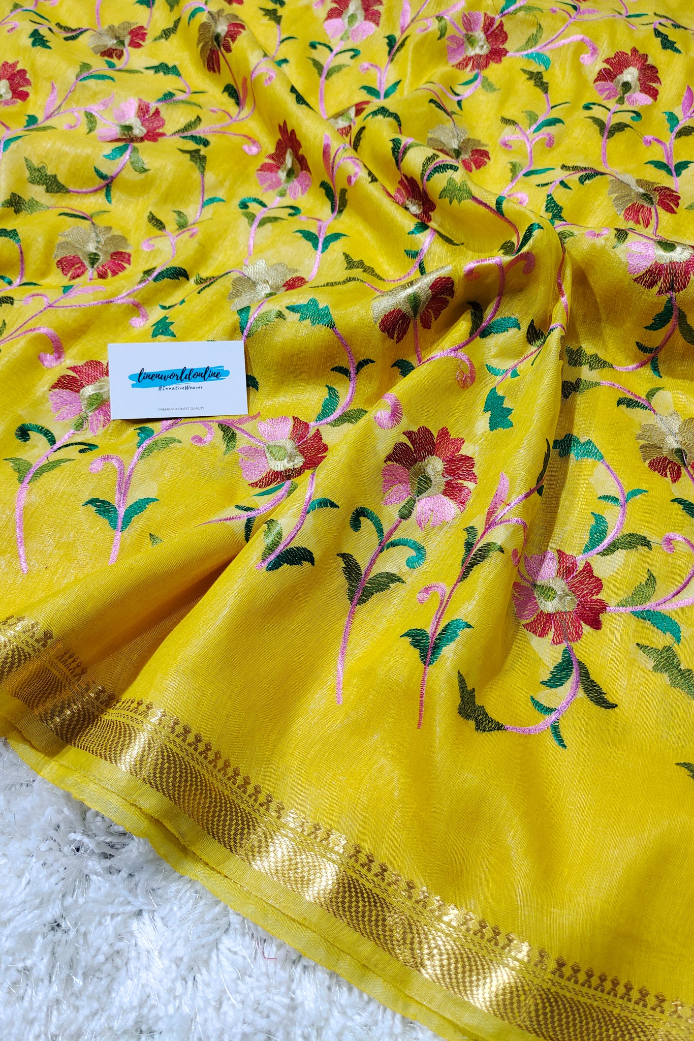 yellow silk linen floral embroidered saree - linenworldonline.in