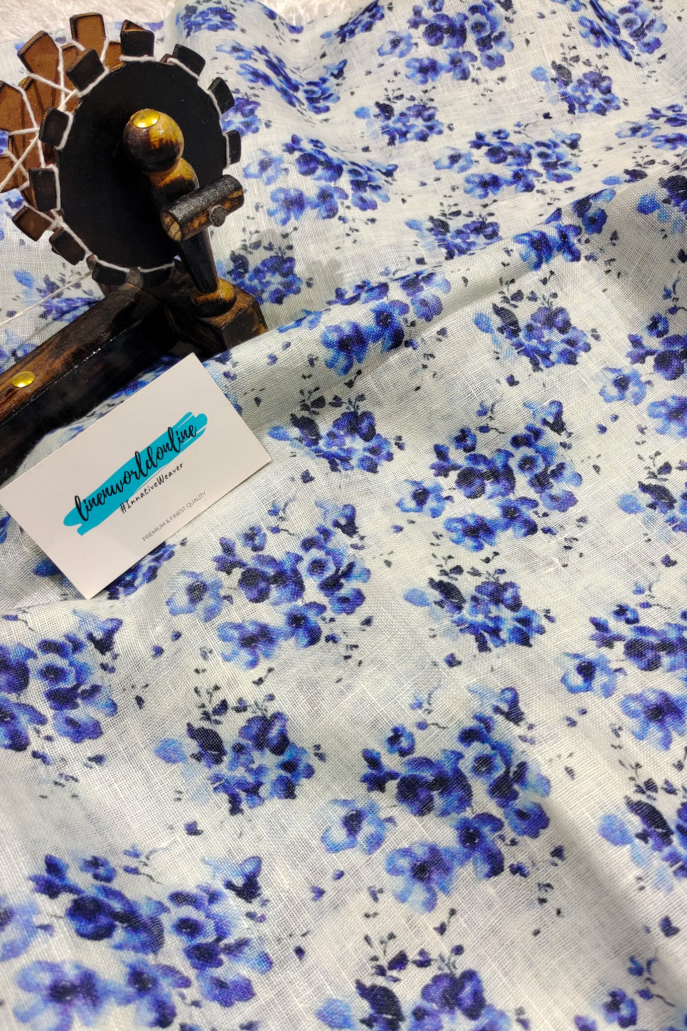 blue pure linen digital printed saree - linenworldonline.in