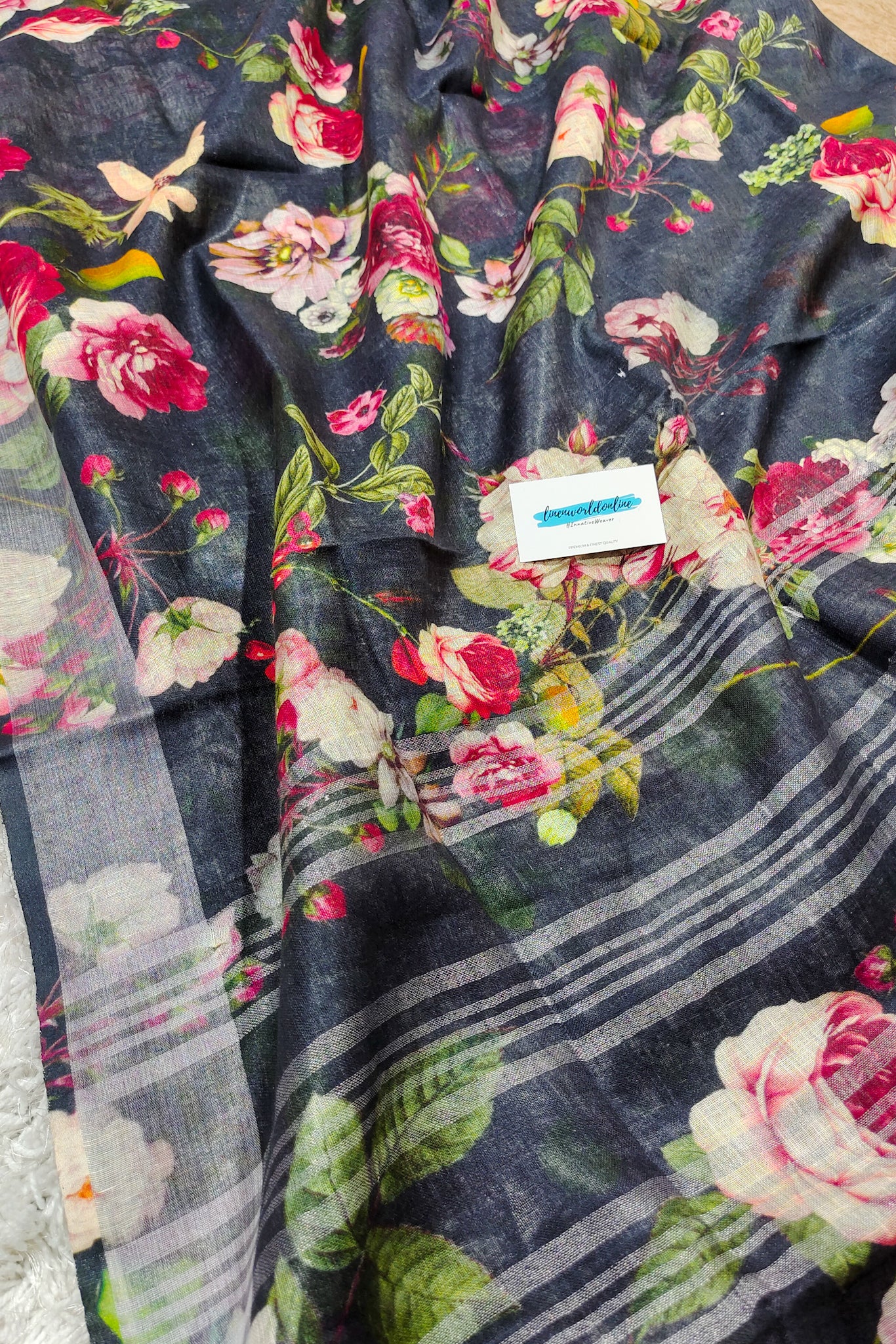 Shehroze - Pure linen floral digital printed linen saree - linenworldonline.in