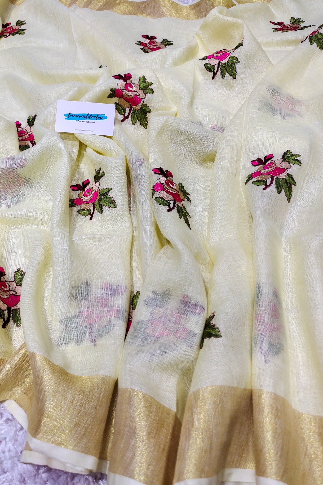 gulaab - pure linen dIgital embroidered saree - linenworldonline.in