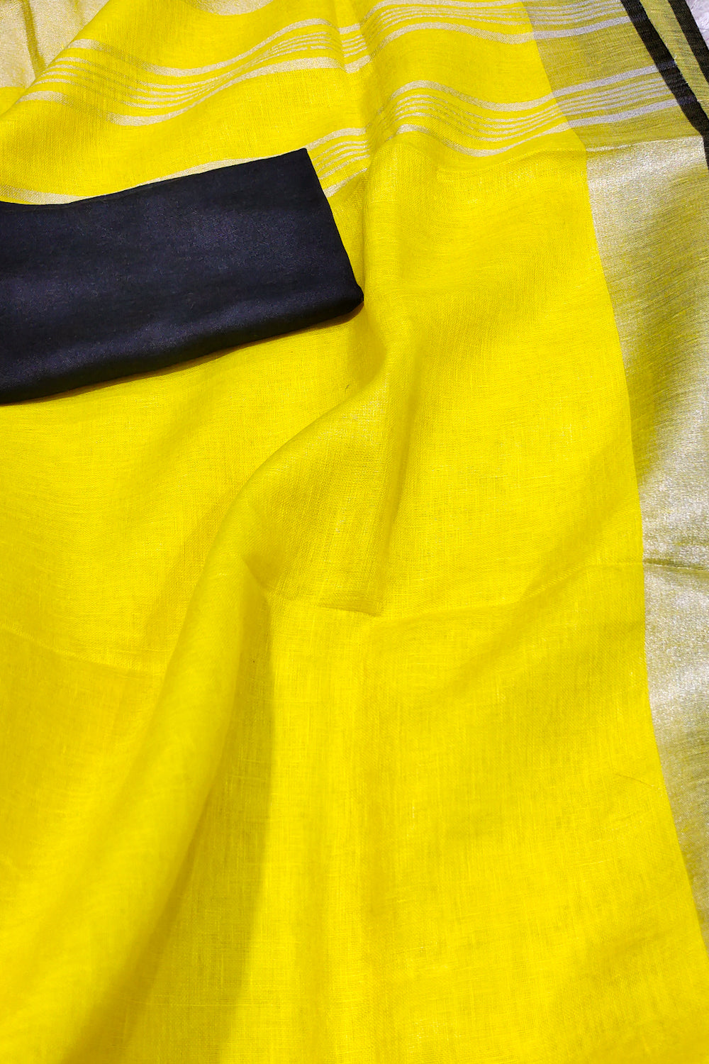dahlia - yellow pure linen sari - linenworldonline.in