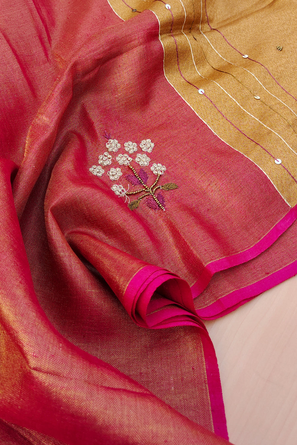emily - pink pure organic zari linen french knot saree - linenworldonline.in