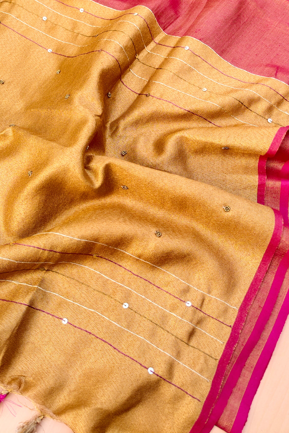 emily - pink pure organic zari linen french knot saree - linenworldonline.in