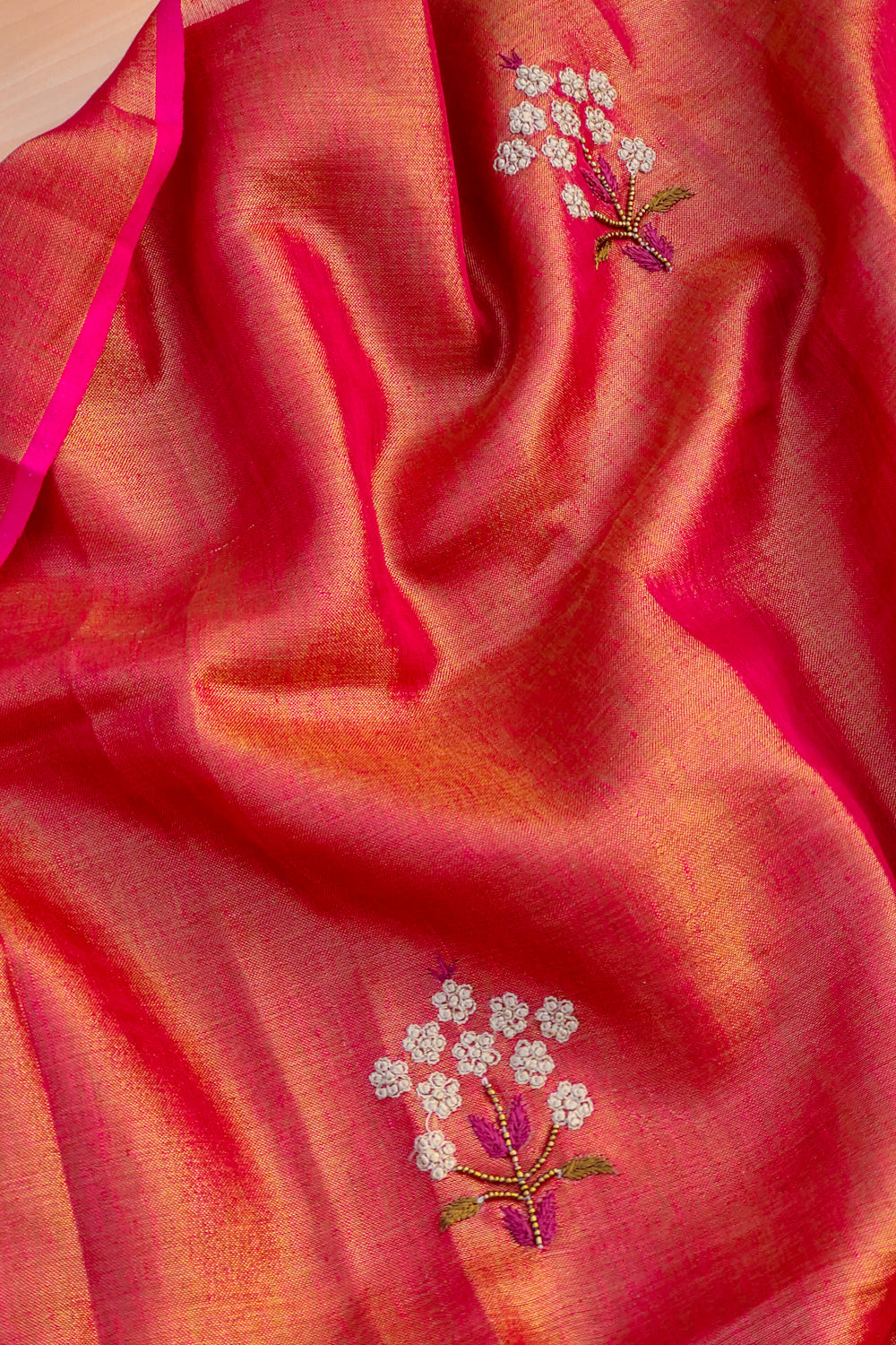 emily - pink pure organic zari linen french knot saree - linenworldonline.in