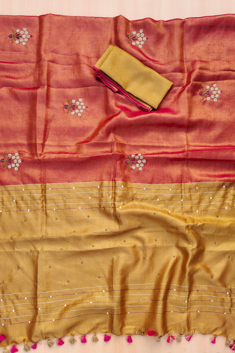 emily - pink pure organic zari linen french knot saree - linenworldonline.in