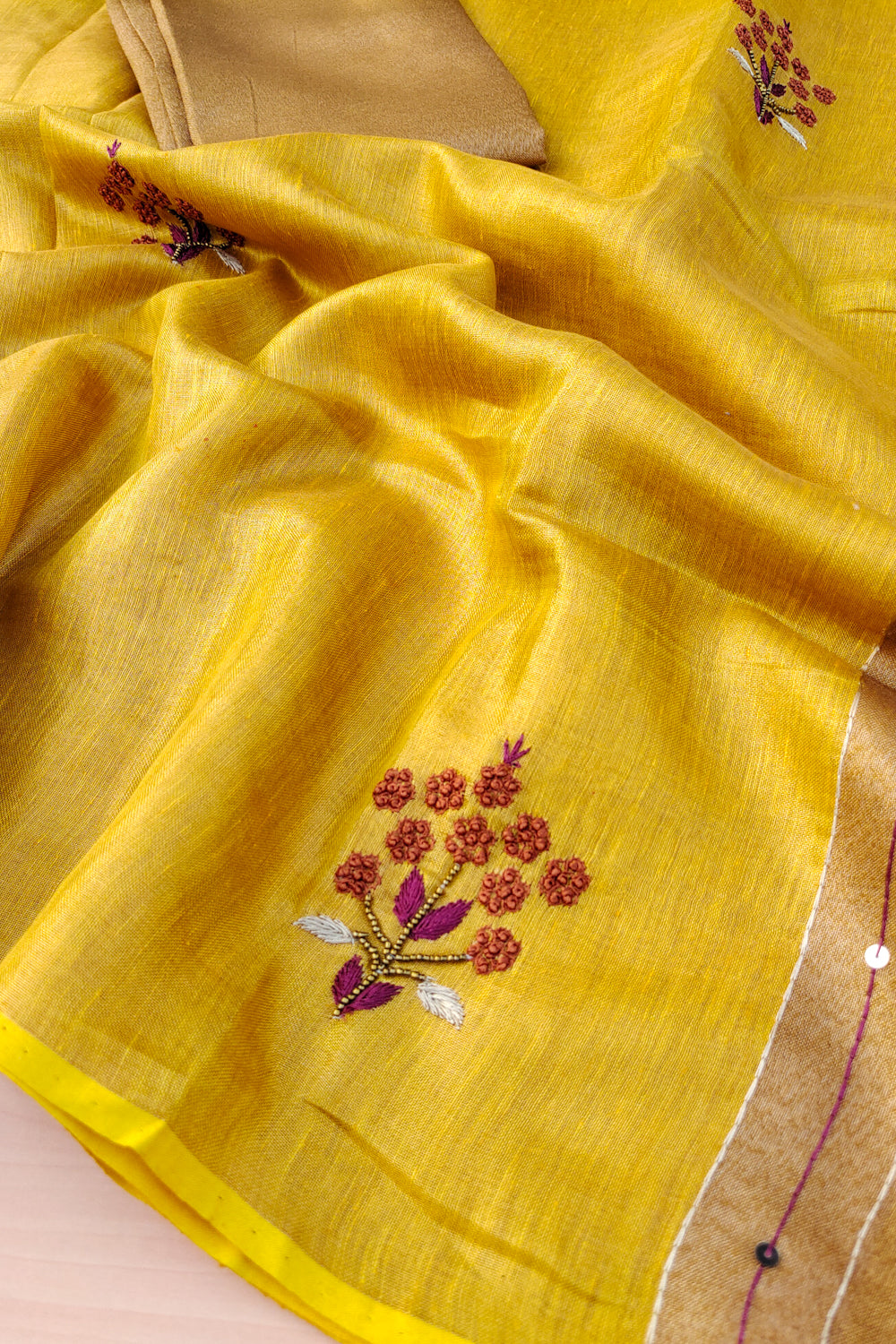 emma - yellow pure organic zari linen french knot saree - linenworldonline.in