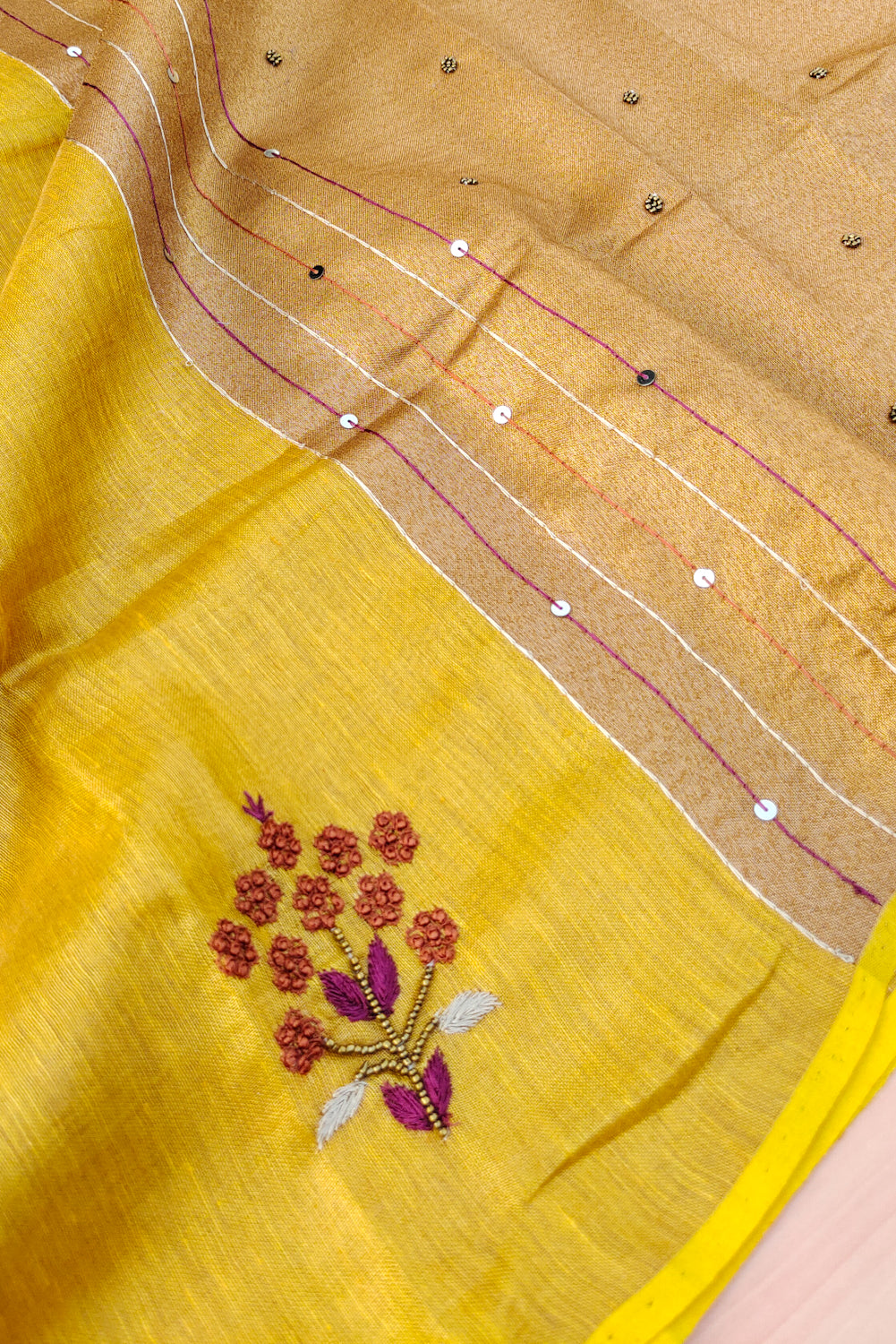 emma - yellow pure organic zari linen french knot saree - linenworldonline.in