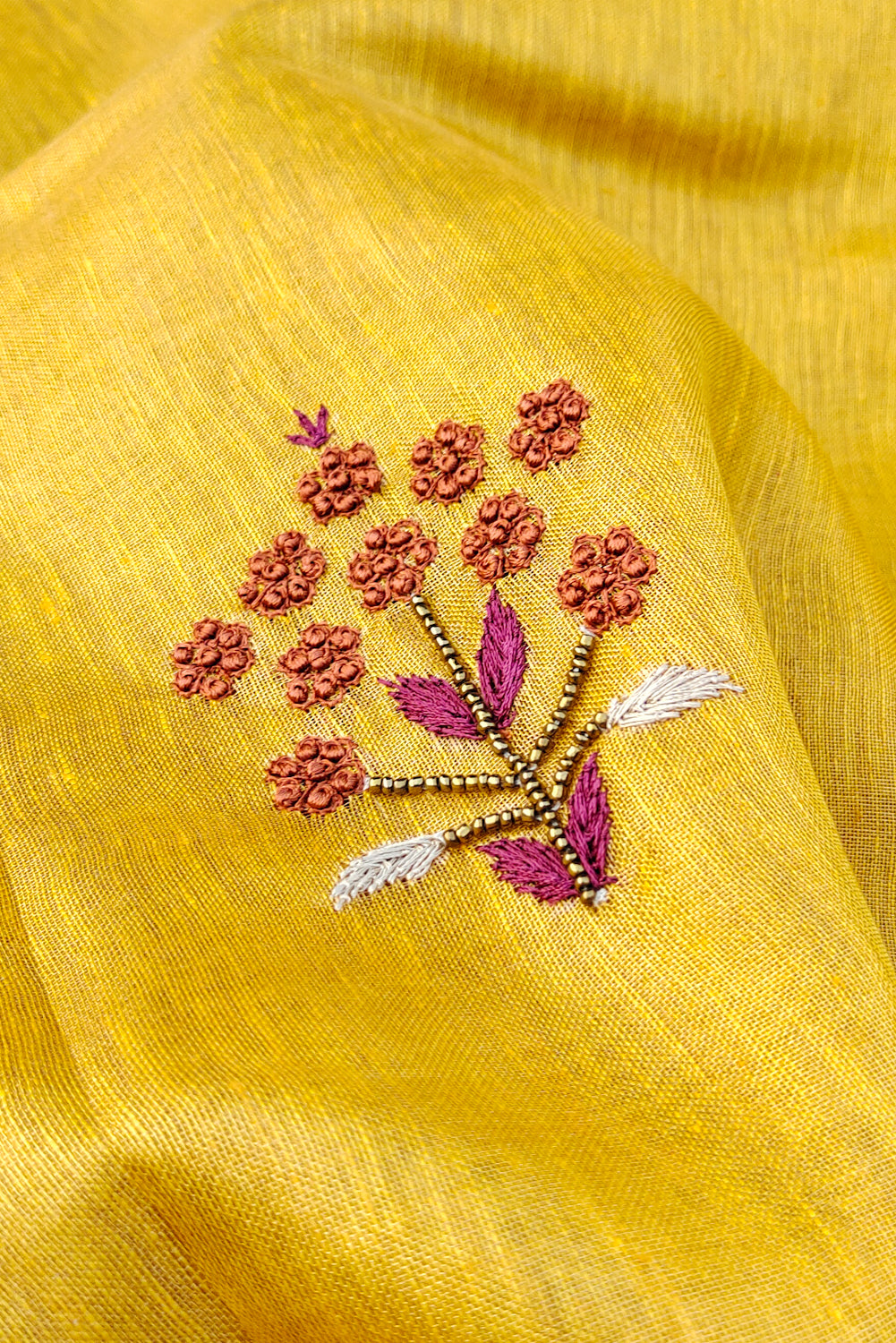 emma - yellow pure organic zari linen french knot saree - linenworldonline.in