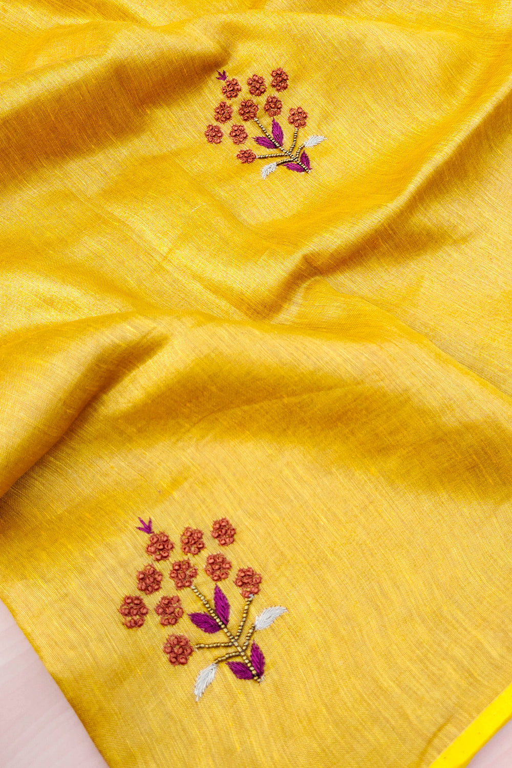 emma - yellow pure organic zari linen french knot saree - linenworldonline.in