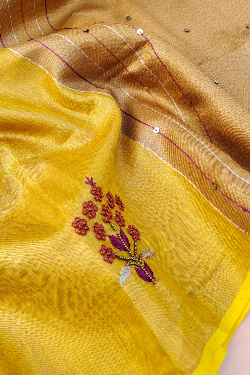 emma - yellow pure organic zari linen french knot saree - linenworldonline.in