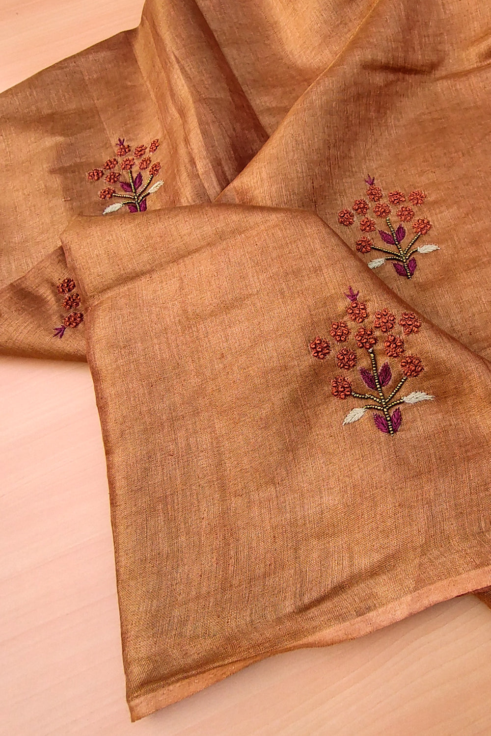 charlotte - copper pure organic zari linen french knot saree - linenworldonline.in