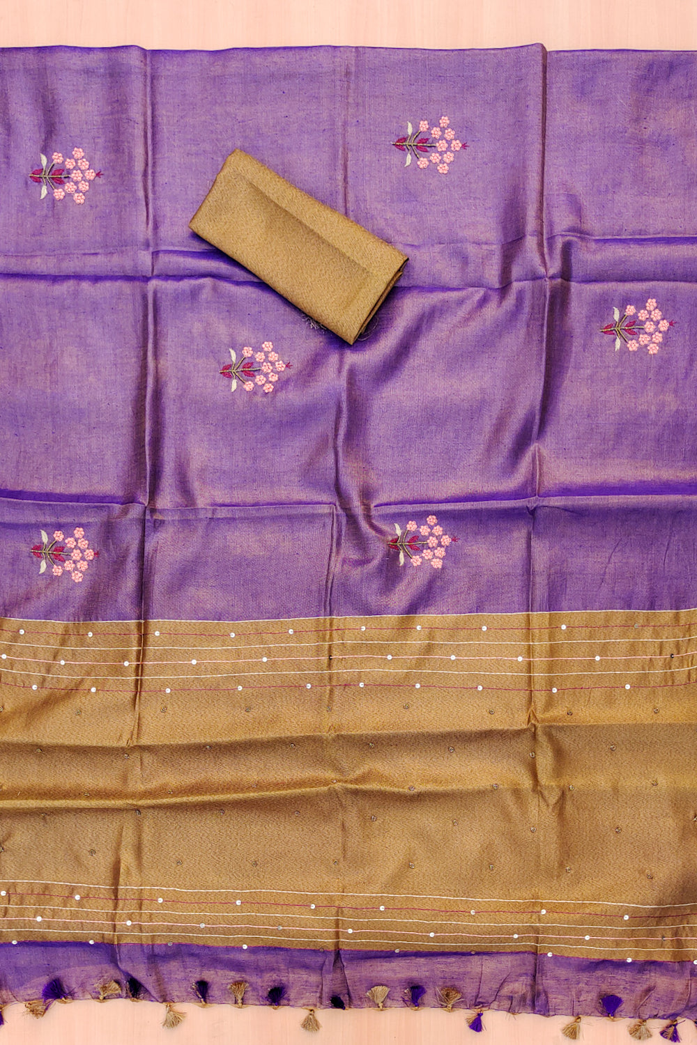 sophia - purple pure organic zari linen french knot saree - linenworldonline.in