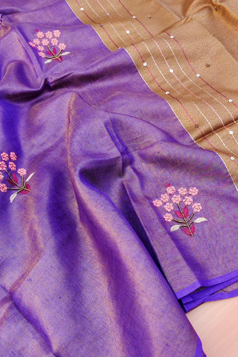 sophia - purple pure organic zari linen french knot saree - linenworldonline.in