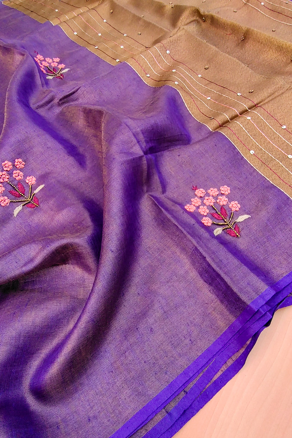 sophia - purple pure organic zari linen french knot saree - linenworldonline.in