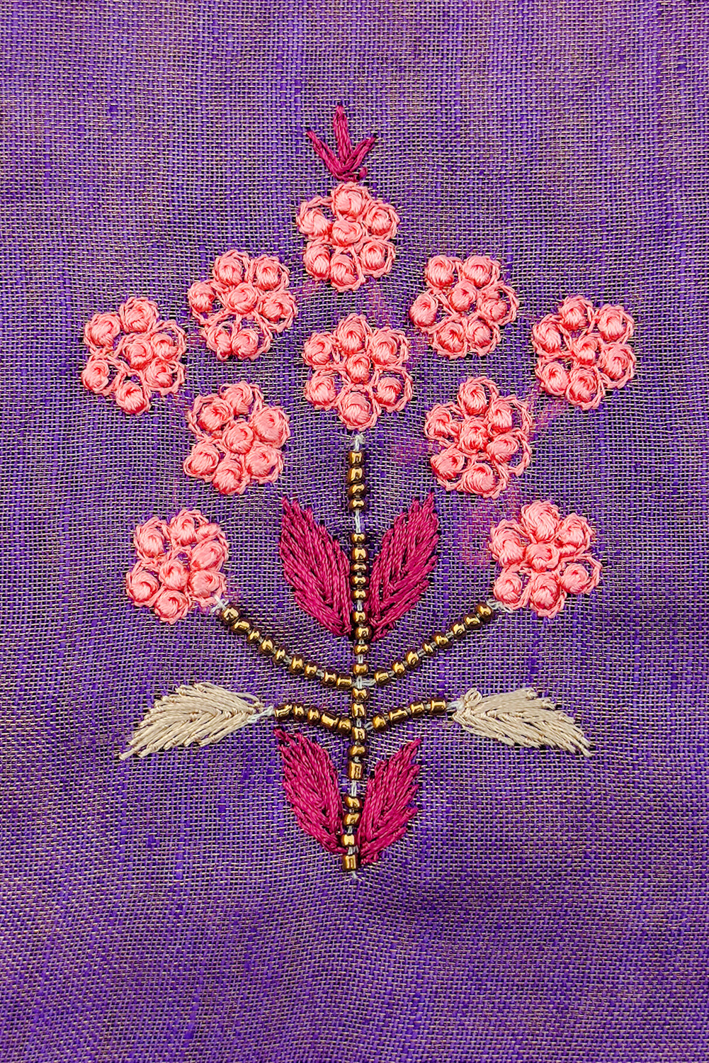 sophia - purple pure organic zari linen french knot saree - linenworldonline.in