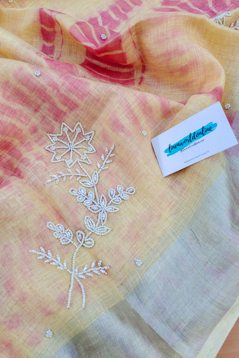 disha - pink and cream pure linen shibori saree with pearl hand embroidery saree - linenworldonline.in