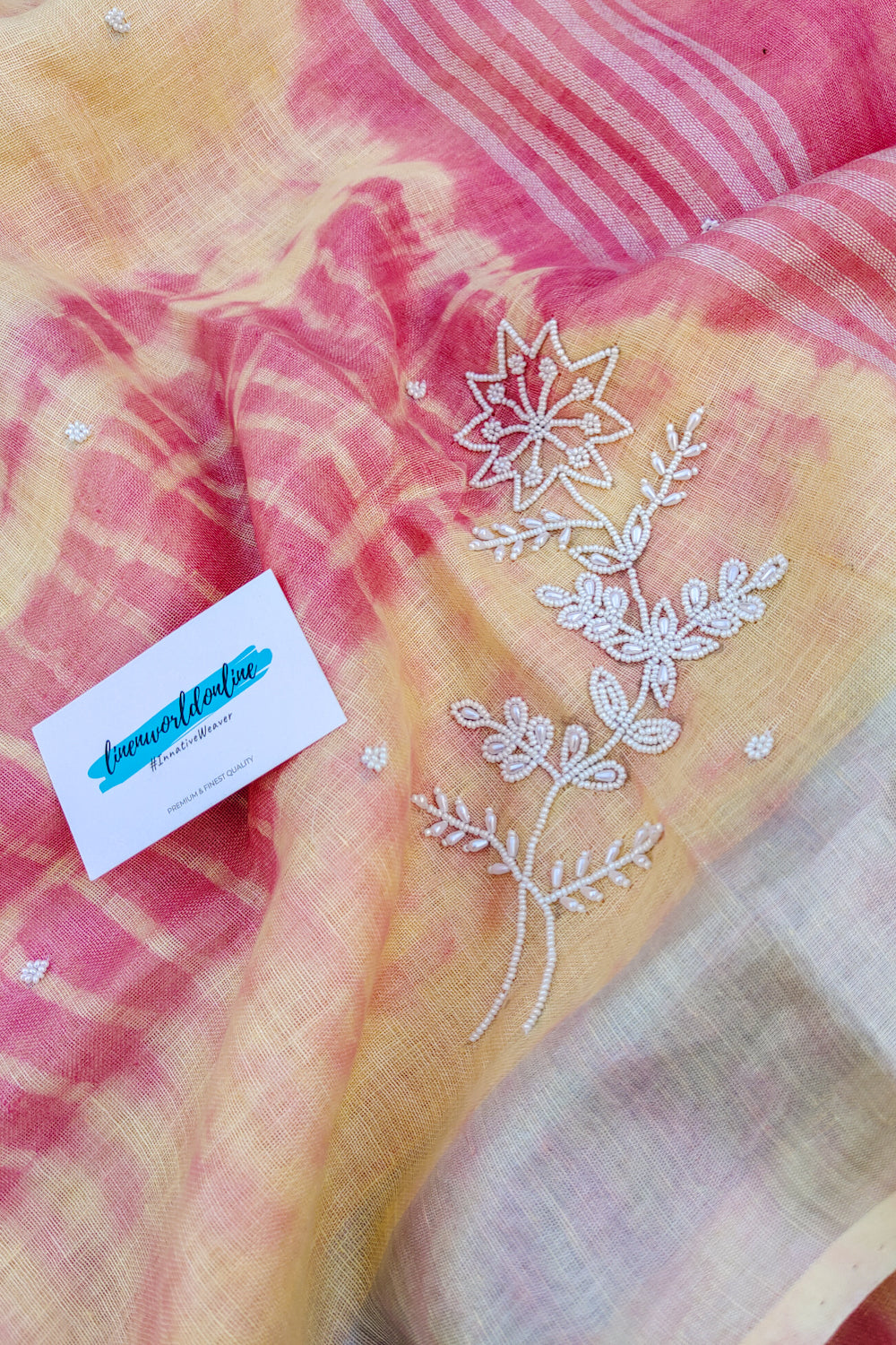 disha - pink and cream pure linen shibori saree with pearl hand embroidery saree - linenworldonline.in