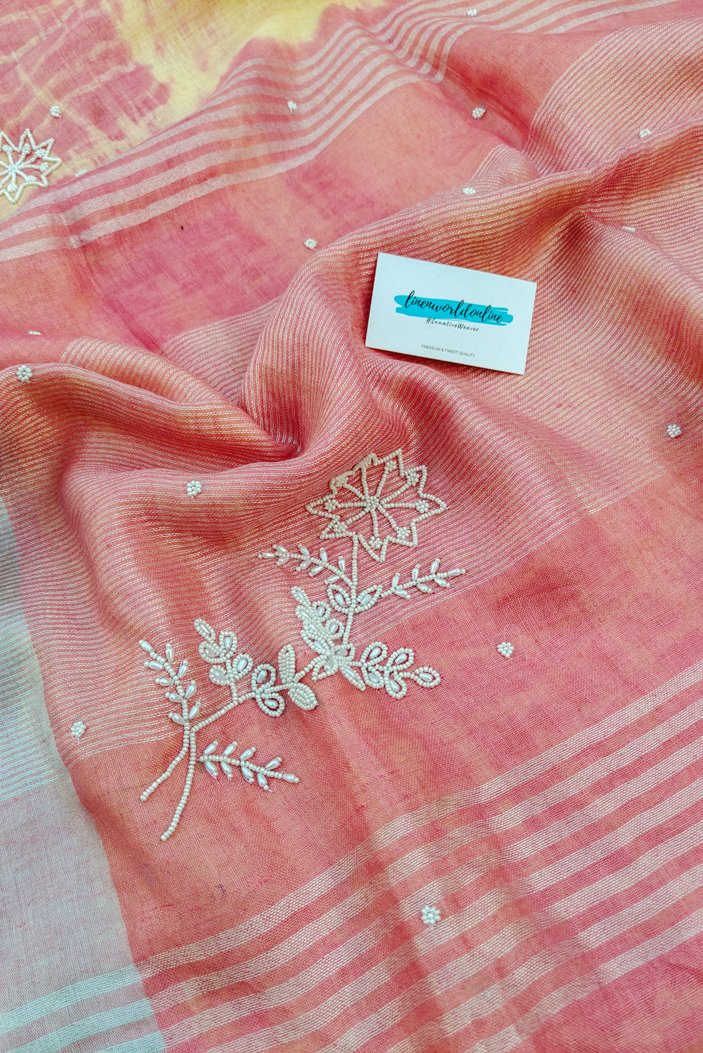disha - pink and cream pure linen shibori saree with pearl hand embroidery saree - linenworldonline.in