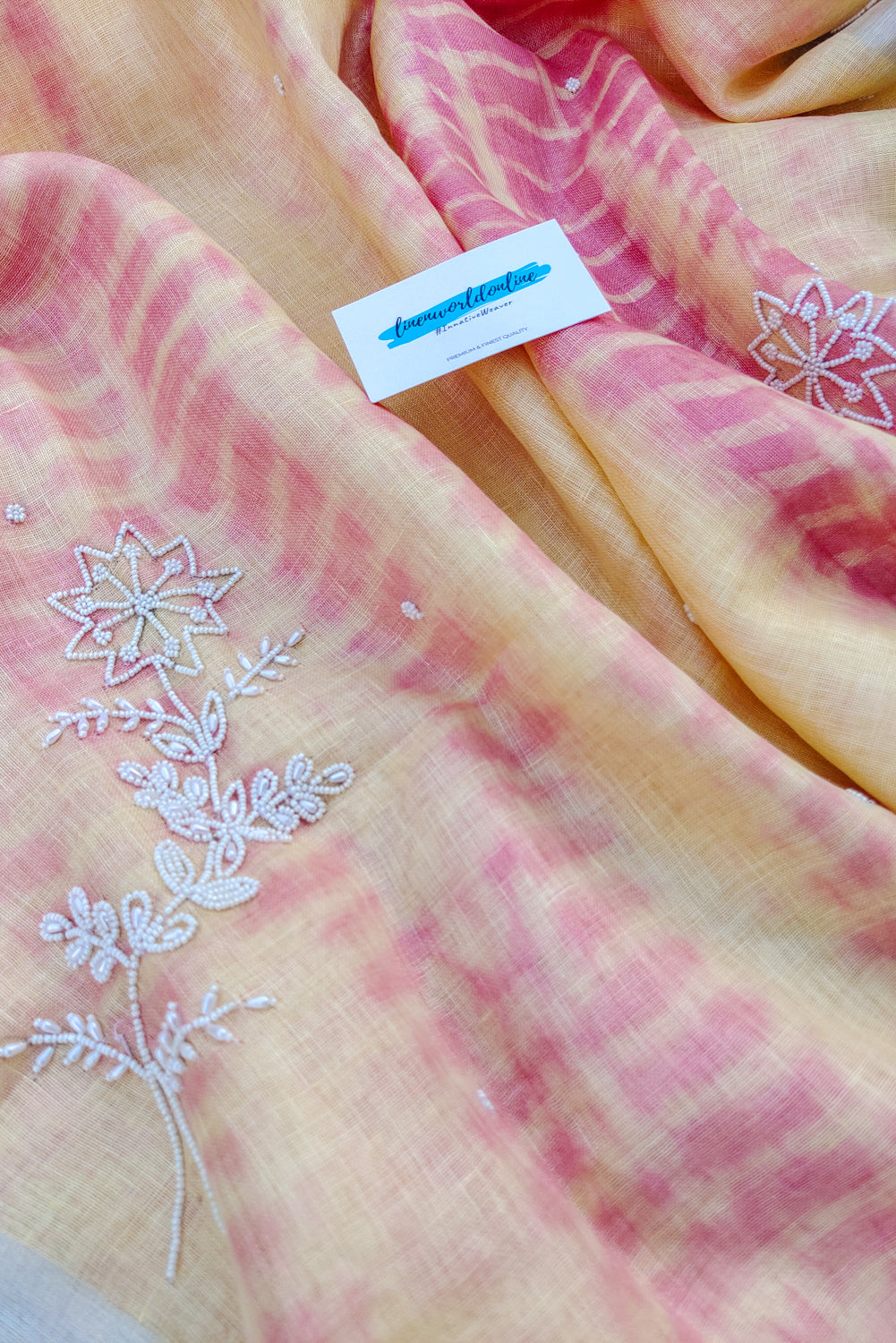 disha - pink and cream pure linen shibori saree with pearl hand embroidery saree - linenworldonline.in