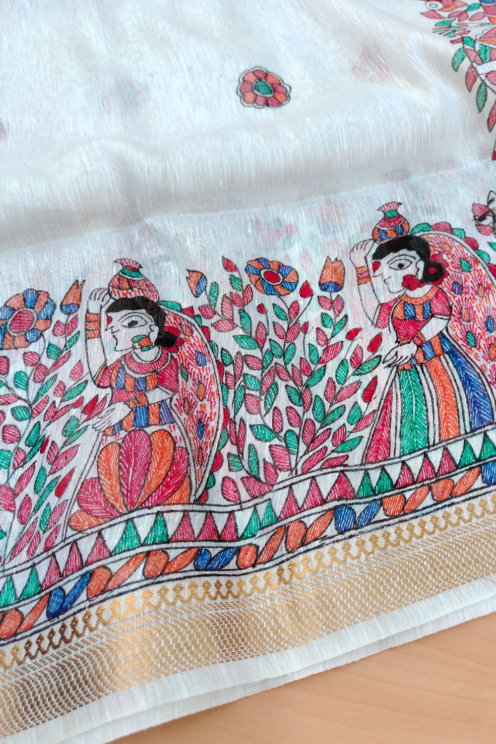 radha - madhubani handpainted silk linen saree - linenworldonline.in