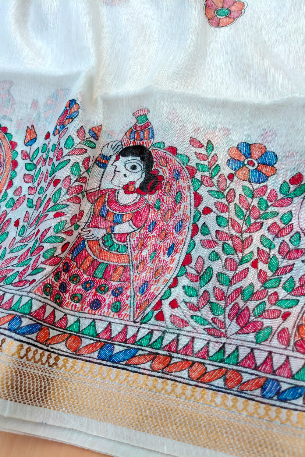 radha - madhubani handpainted silk linen saree - linenworldonline.in