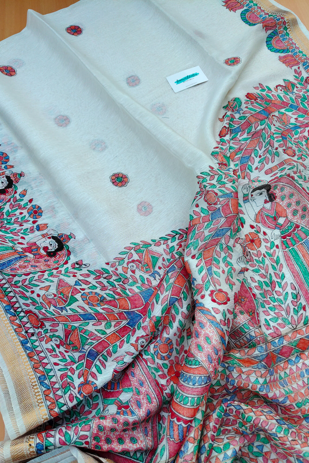 radha - madhubani handpainted silk linen saree - linenworldonline.in
