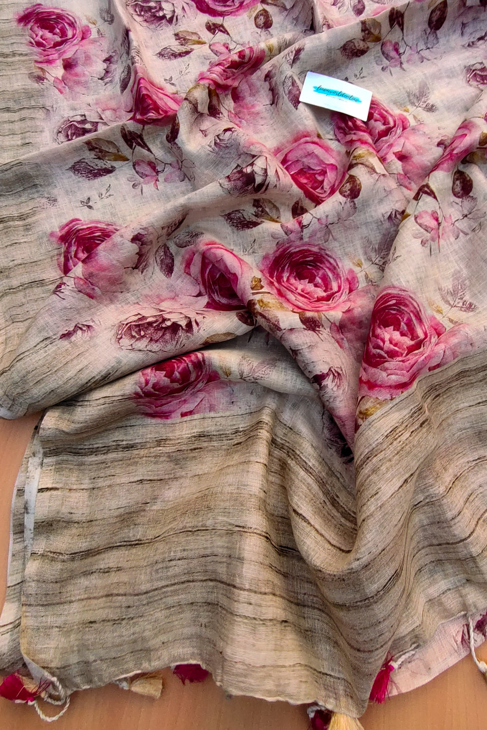rozi - floral digital printed pure linen saree - linenworldonline,in