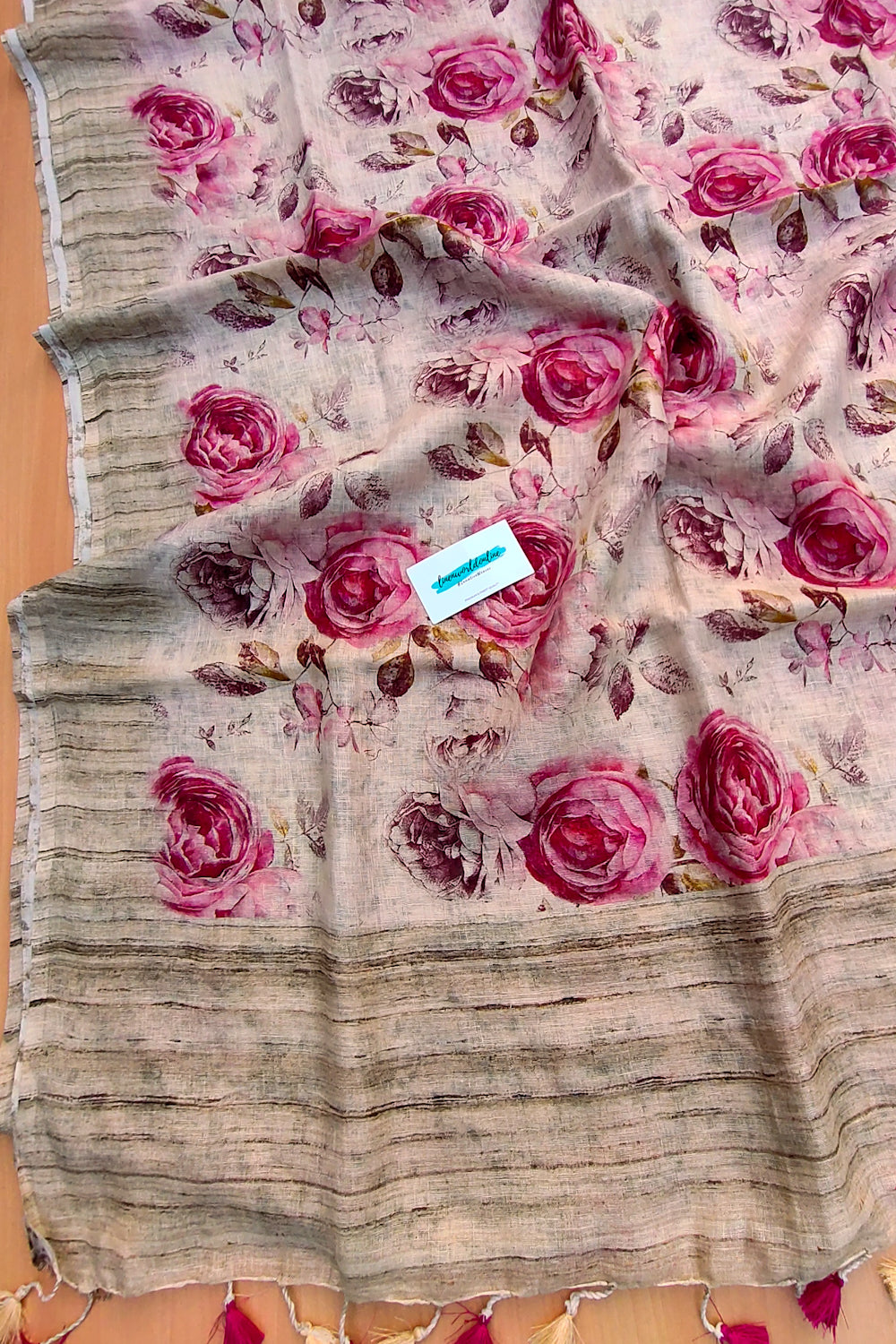 rozi - floral digital printed pure linen saree - linenworldonline,in