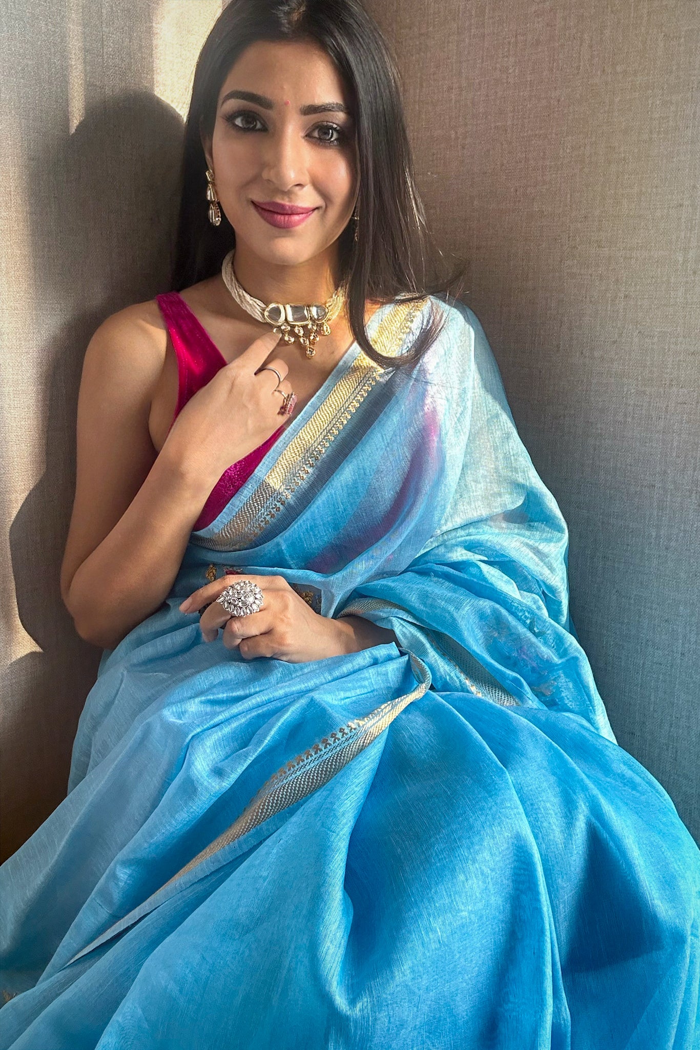 nargis - blue french knot silk linen saree - linenworldonline.in