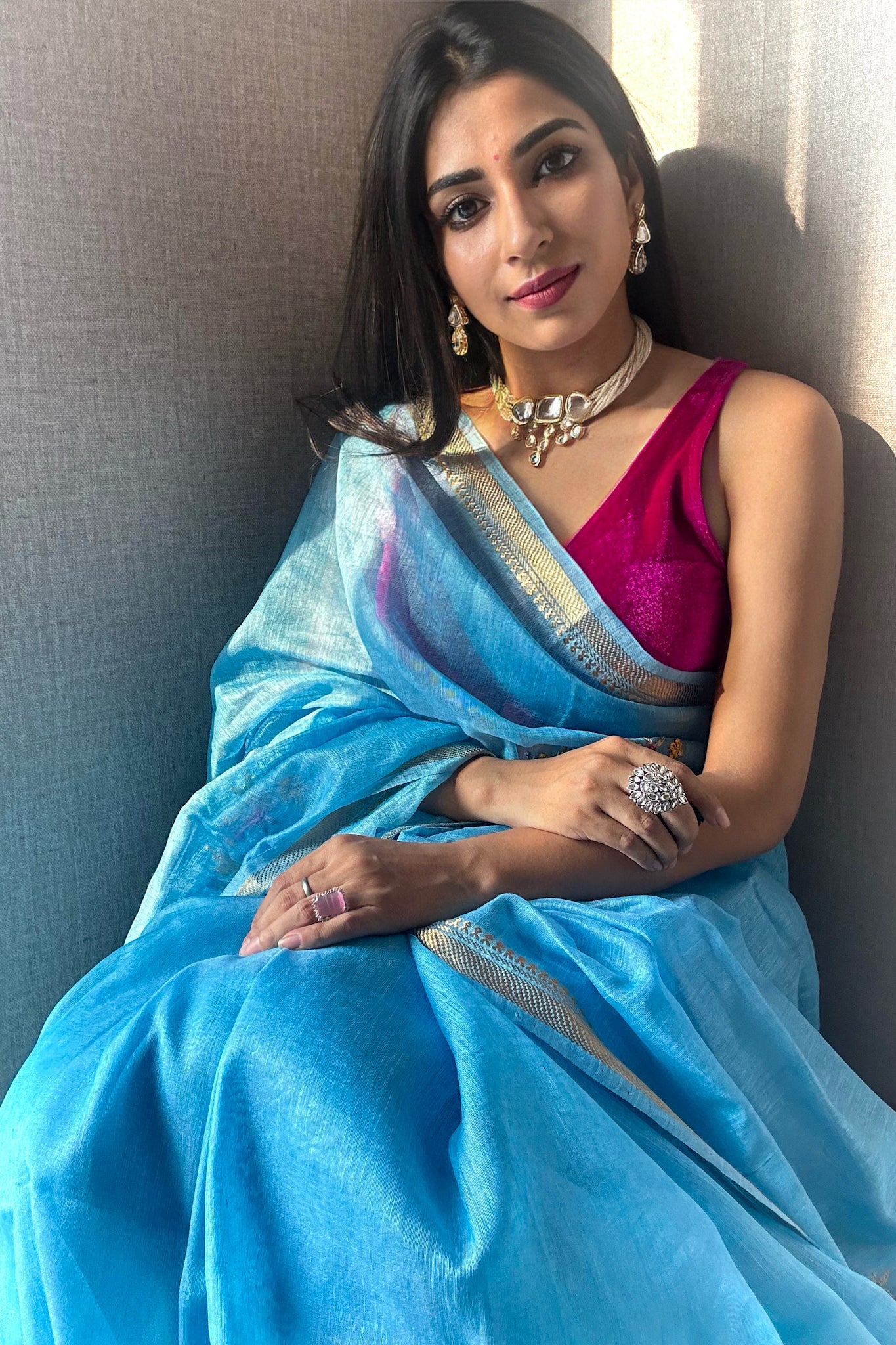 nargis - blue french knot silk linen saree - linenworldonline.in