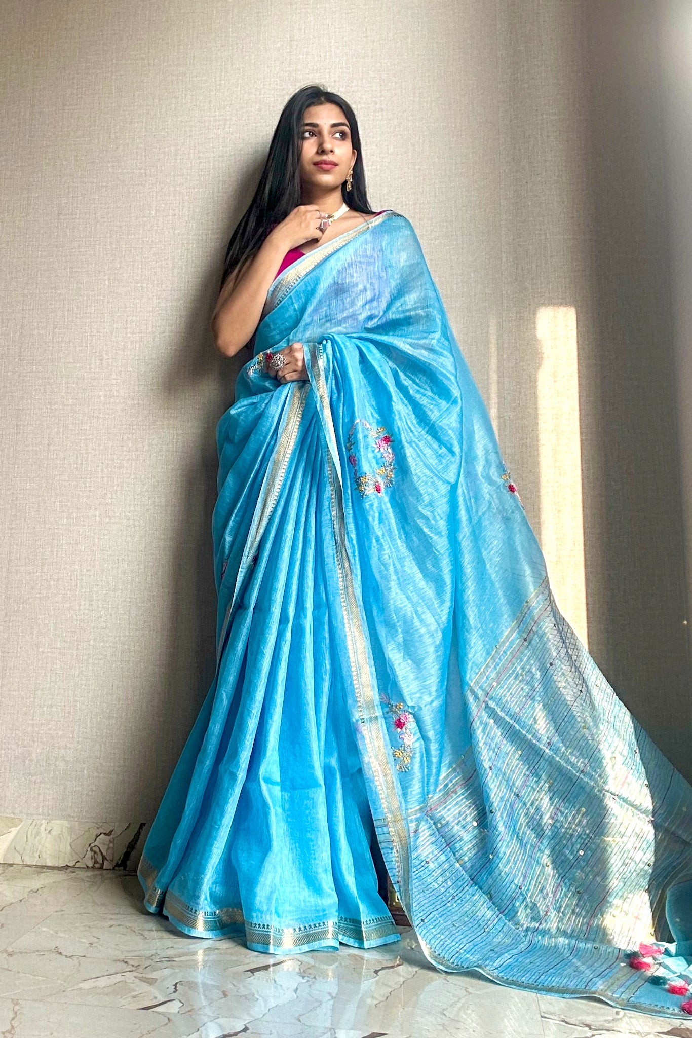 nargis - blue french knot silk linen saree - linenworldonline.in