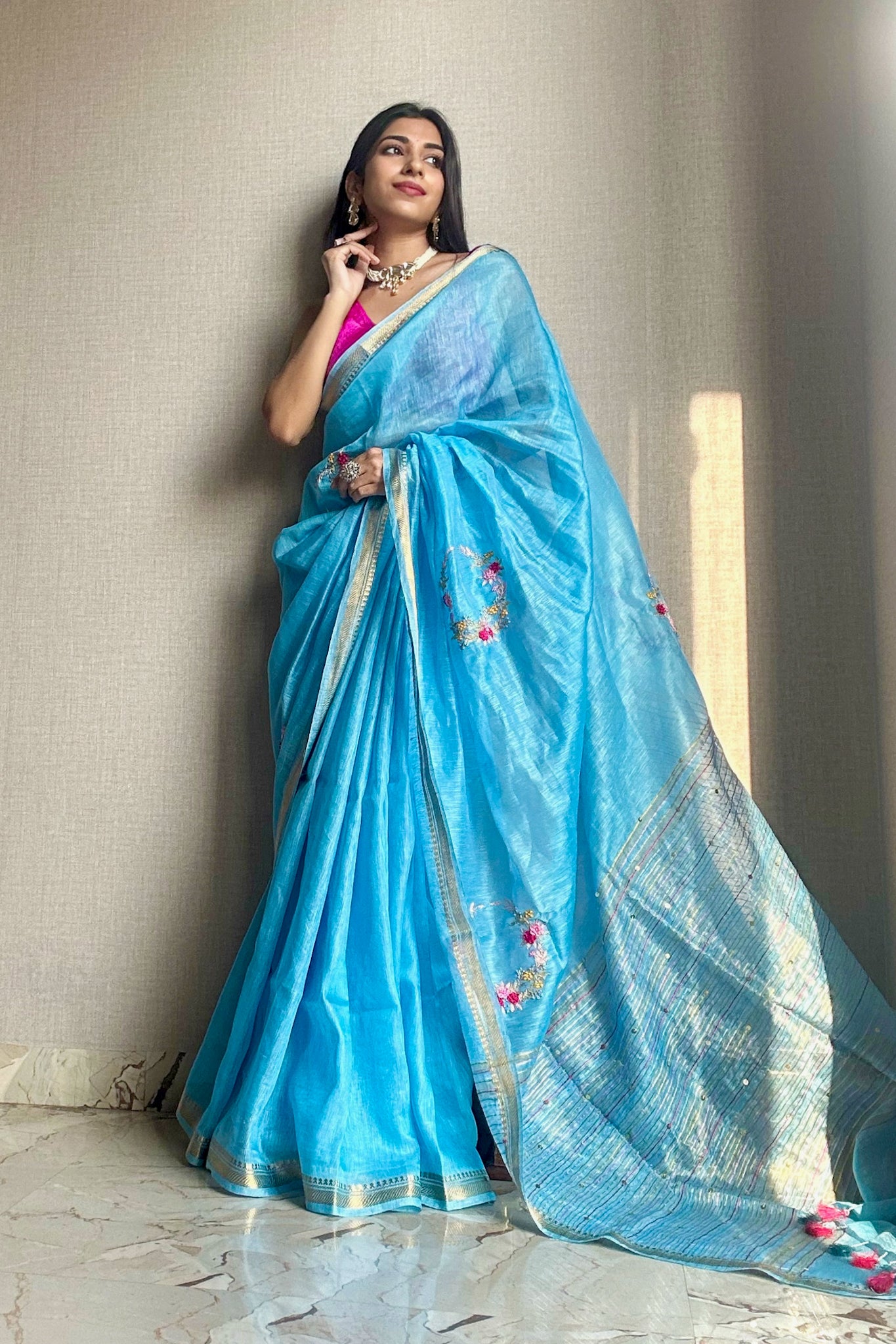 nargis - blue french knot silk linen saree - linenworldonline.in