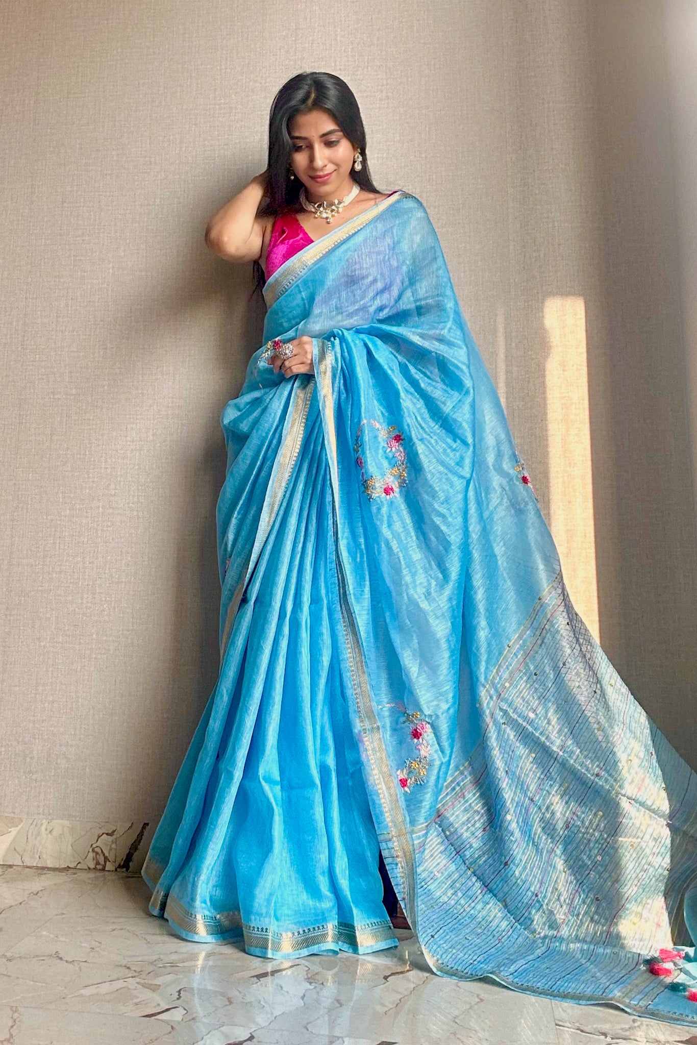 nargis - blue french knot silk linen saree - linenworldonline.in