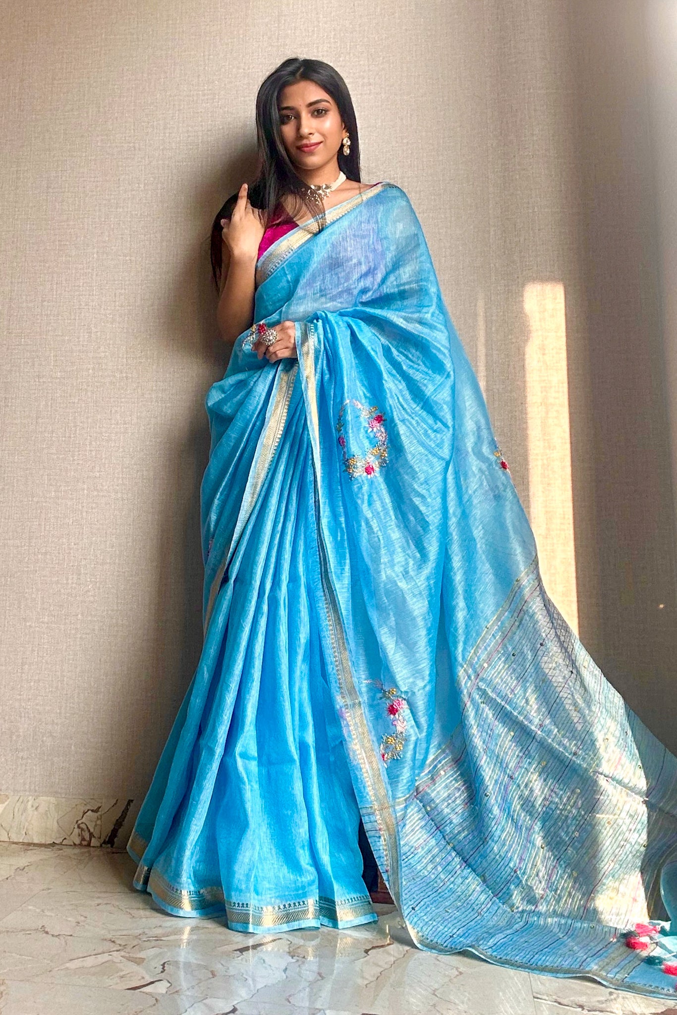 nargis - blue french knot silk linen saree - linenworldonline.in