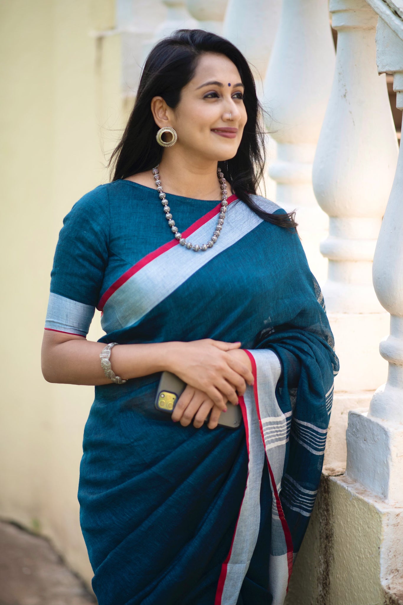 gayatri - teal blue organic pure linen saree - linenworldonline.in