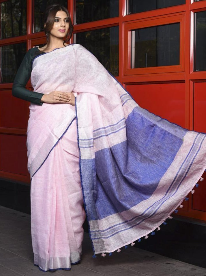 baby pink pure linen saree