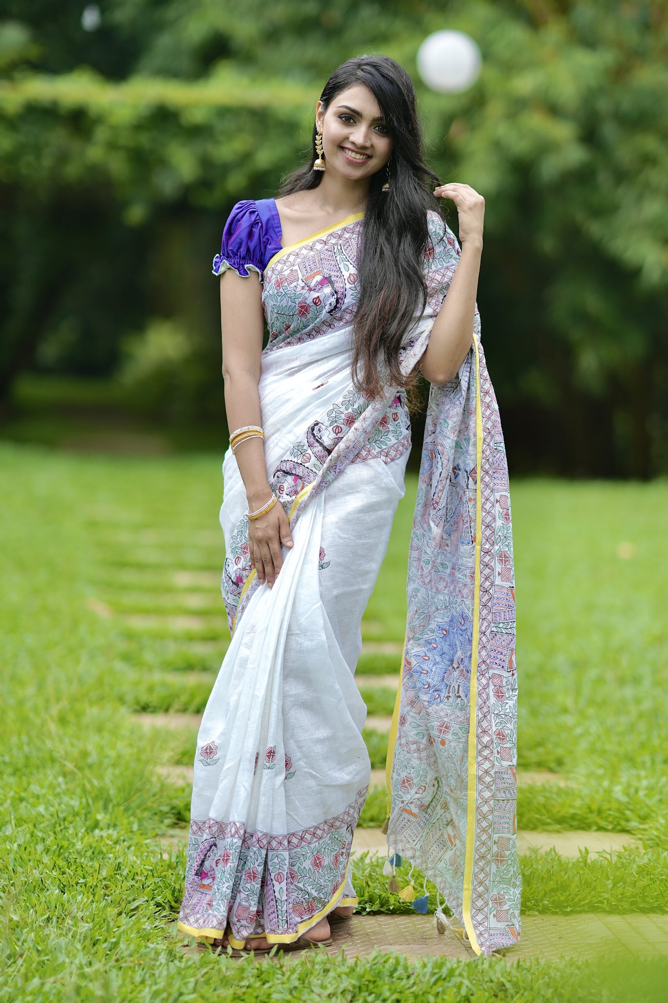 maithili - pure linen madhubani hand painted saree | linenworldonline.in