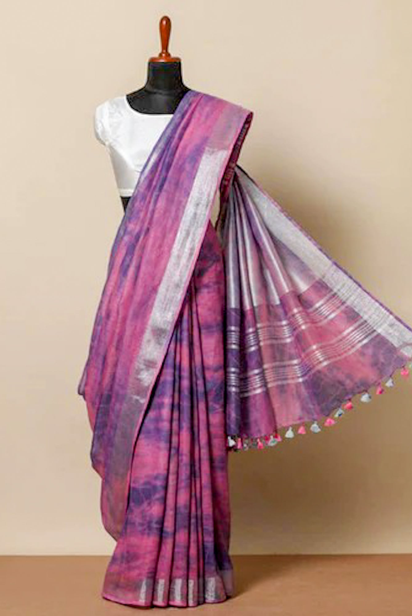 pink purple pure linen shibori dyed saree - linenworldonline.in