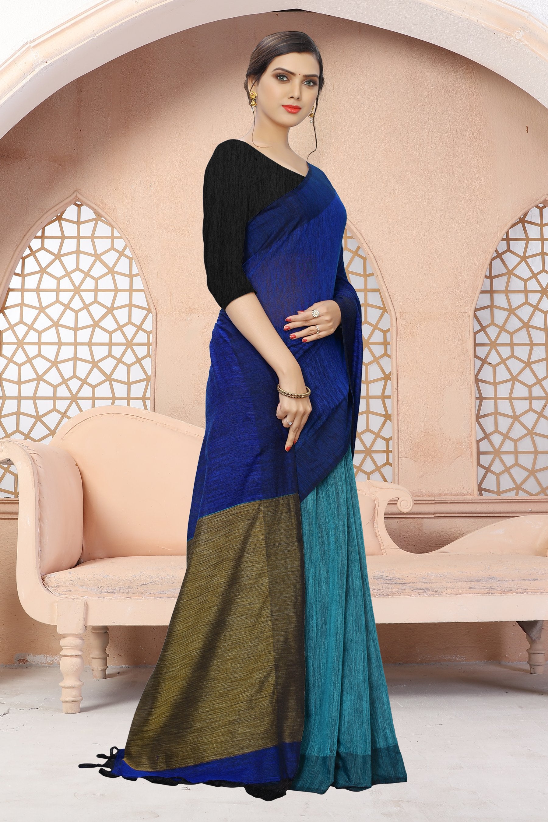 blue partly woven handloom woven pure linen saree - linenworldonline.in