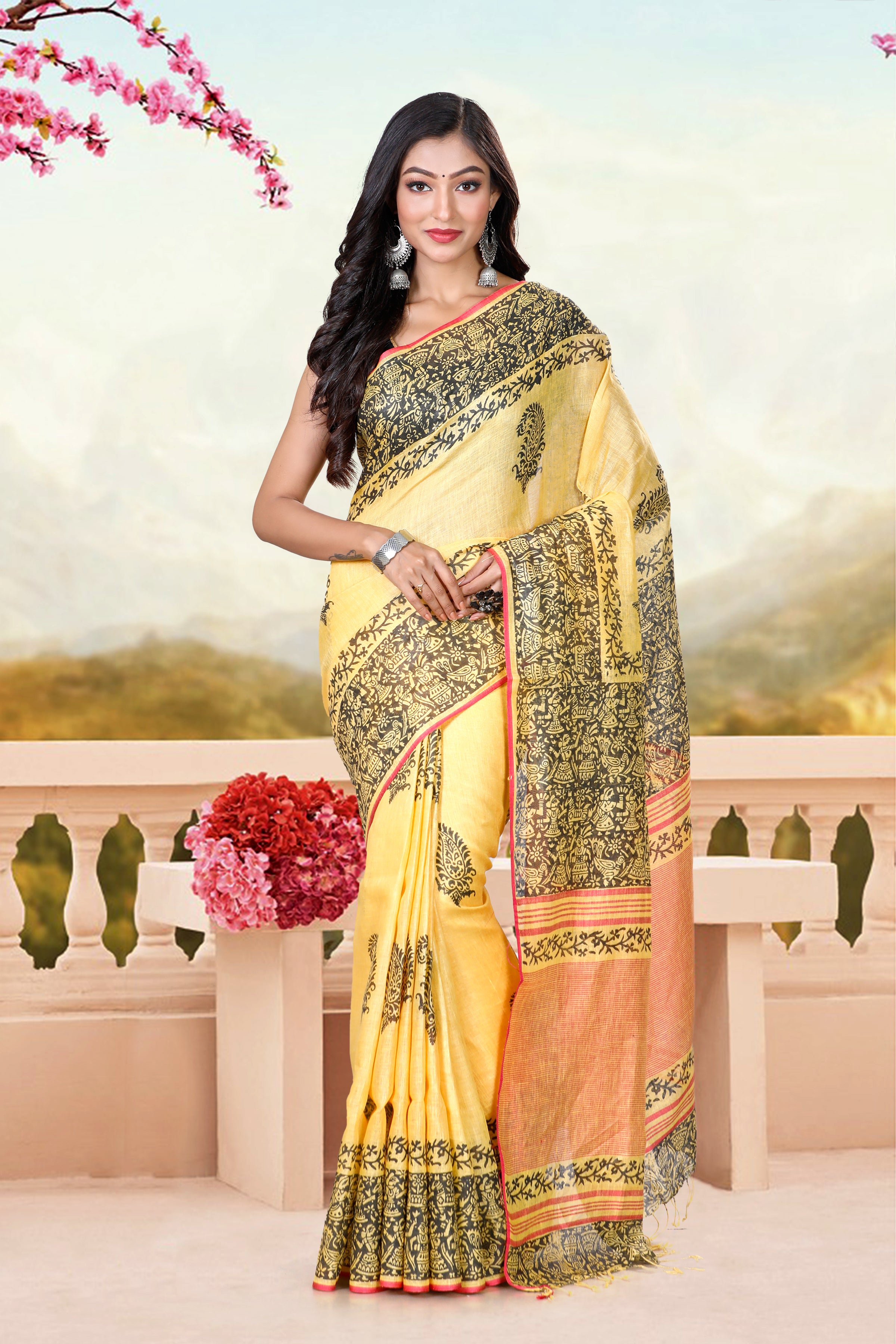 block printed pure linen saree