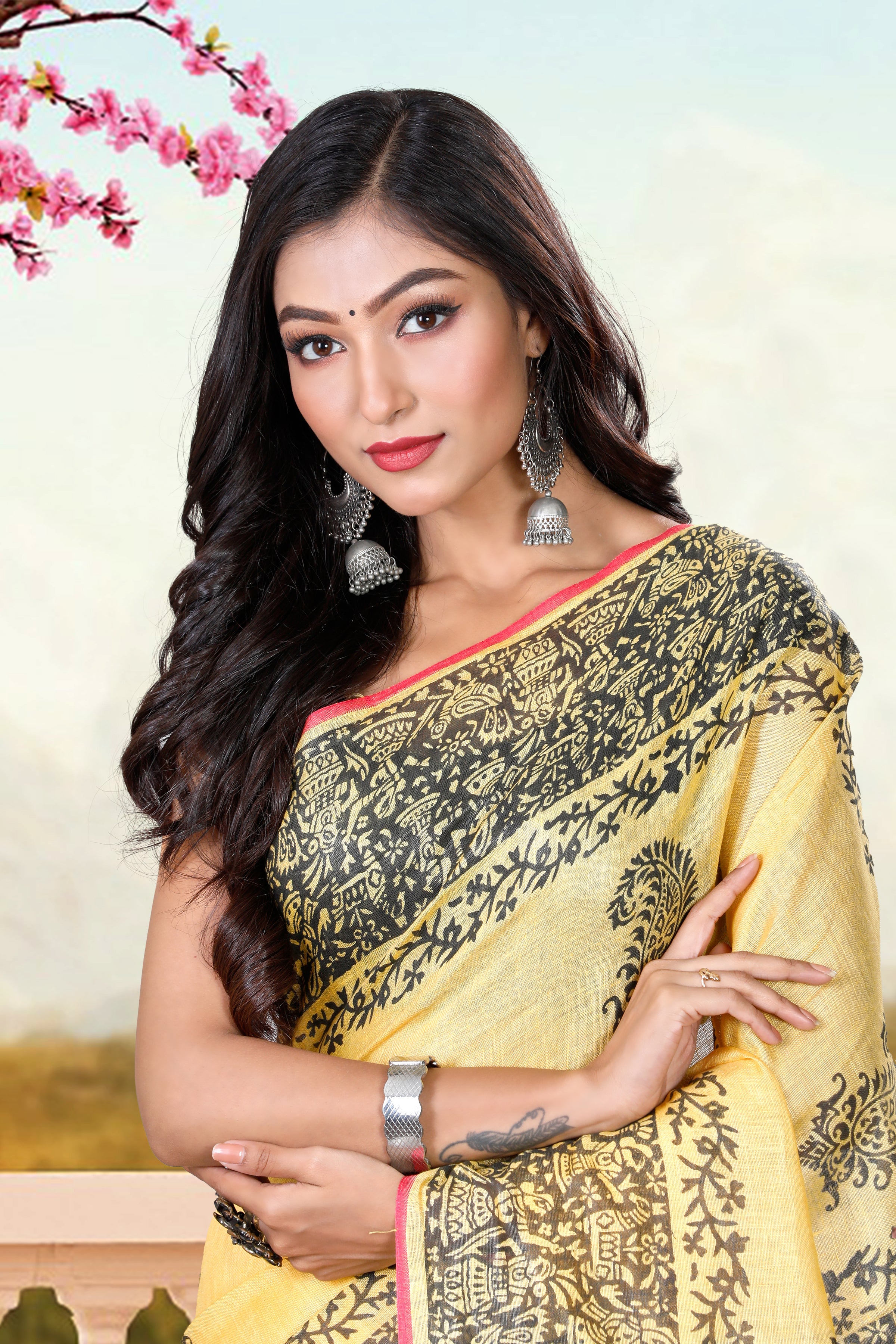 block printed pure linen saree