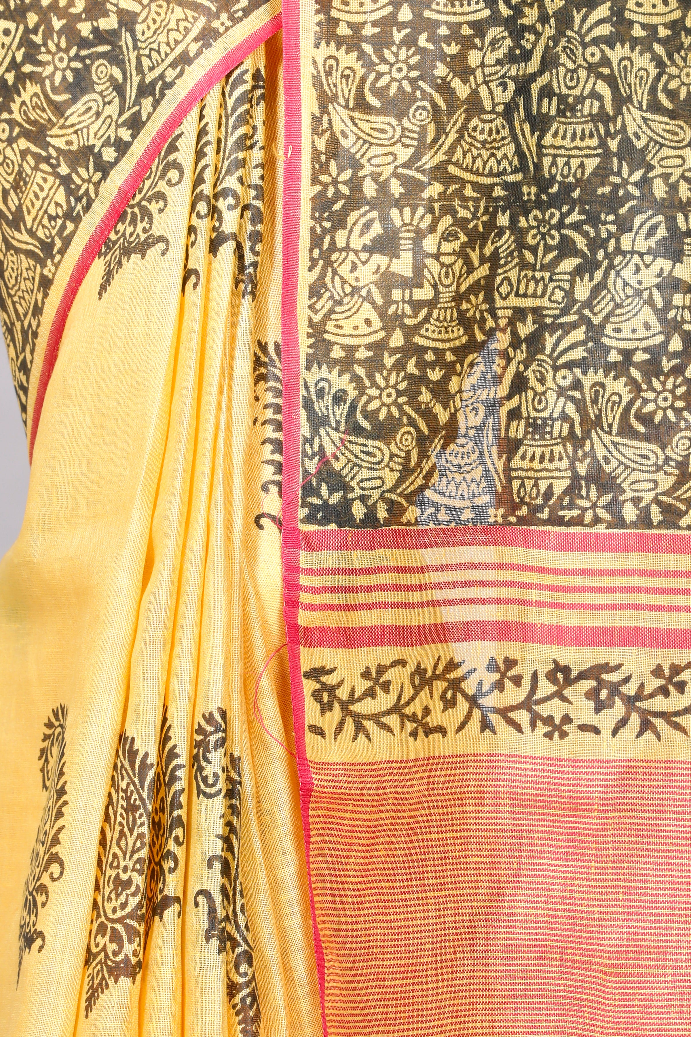 block printed pure linen saree