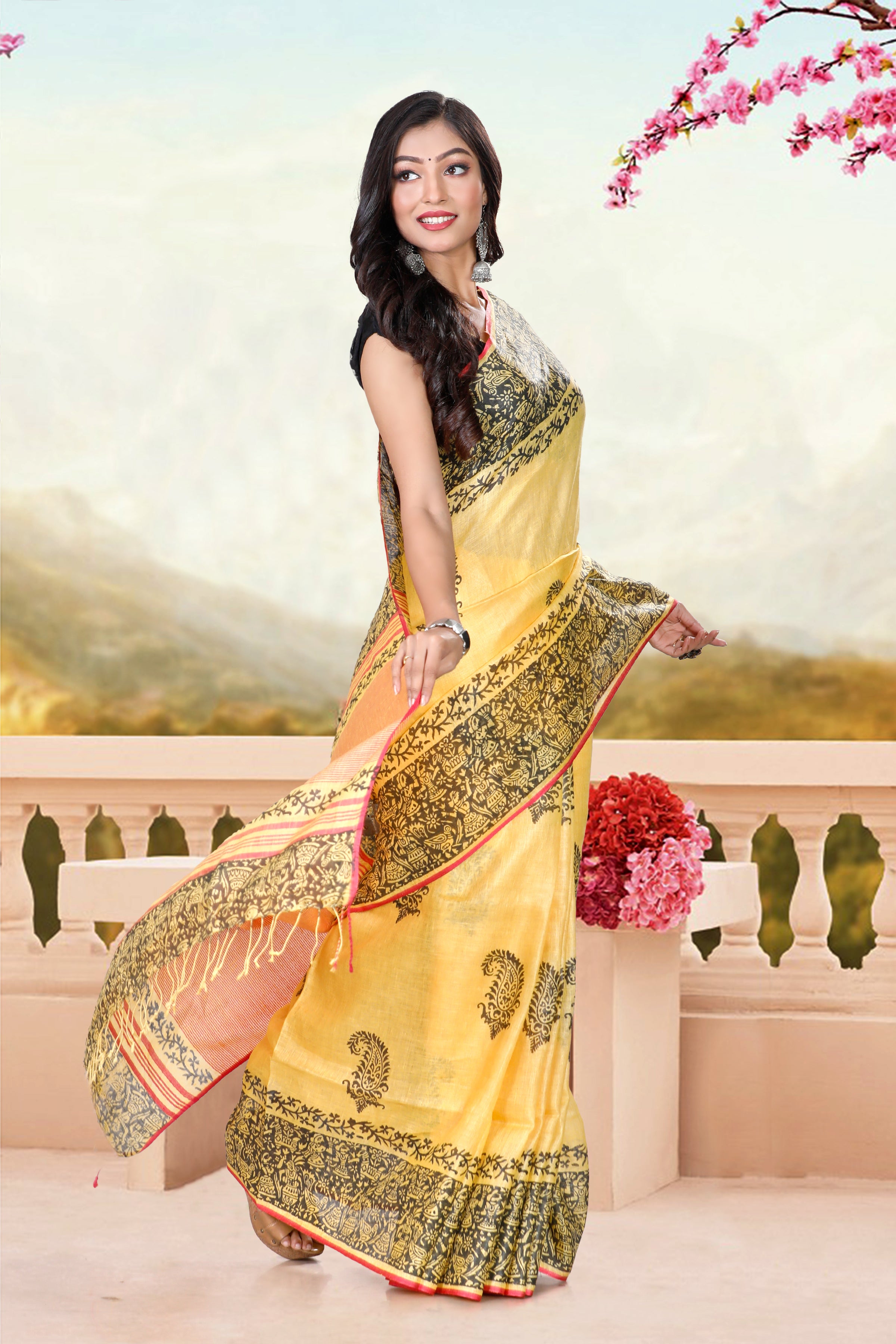 block printed pure linen saree