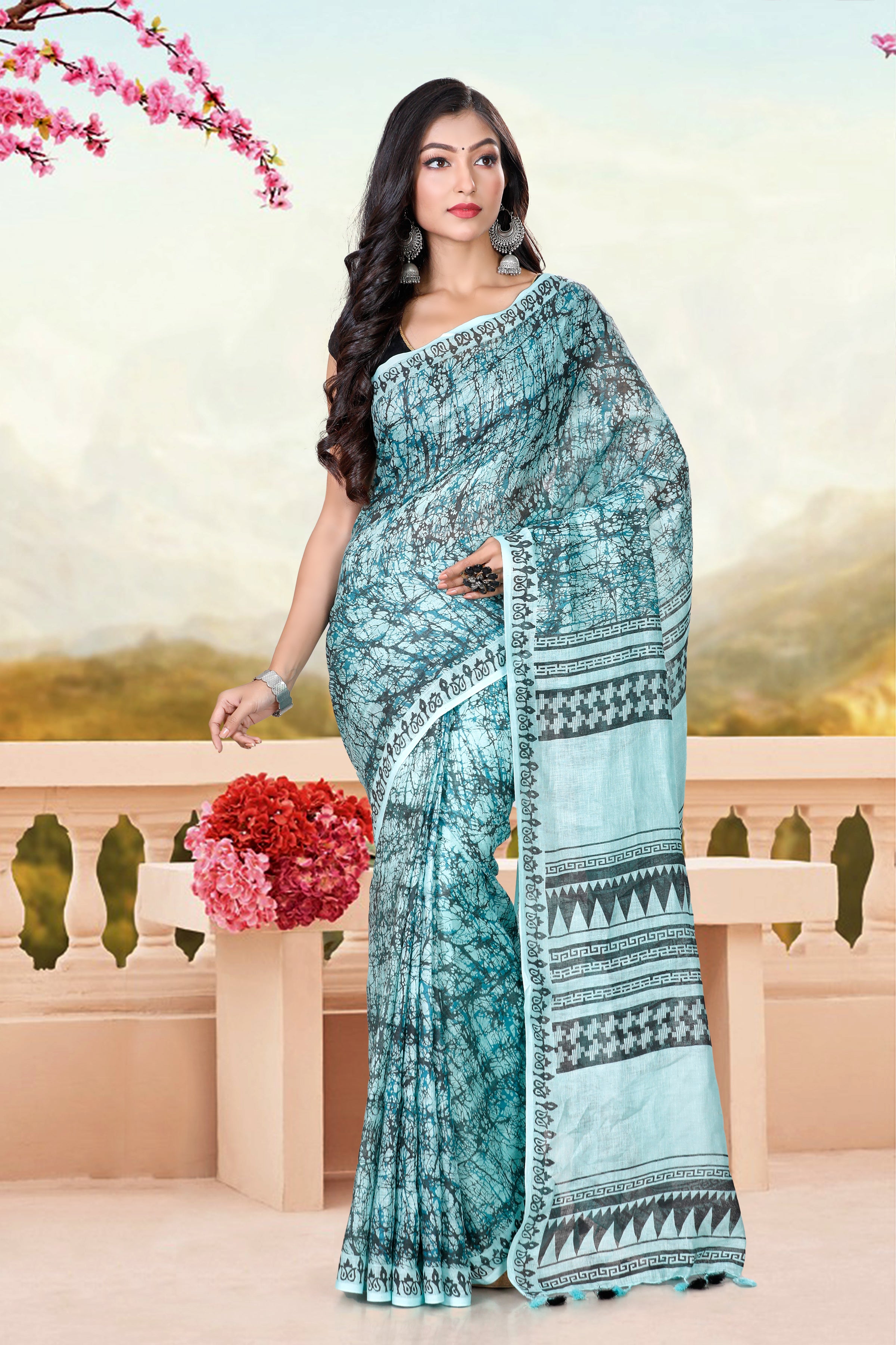 Block Printed Handwoven Linen Saree